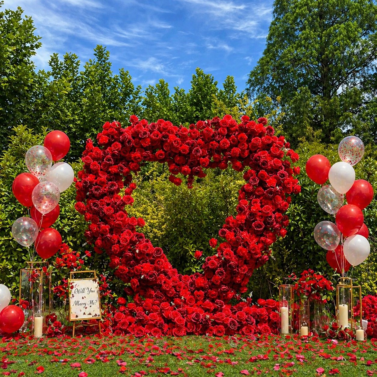 Heart-shaped arrangement of red roses with balloons and candles in a garden setting