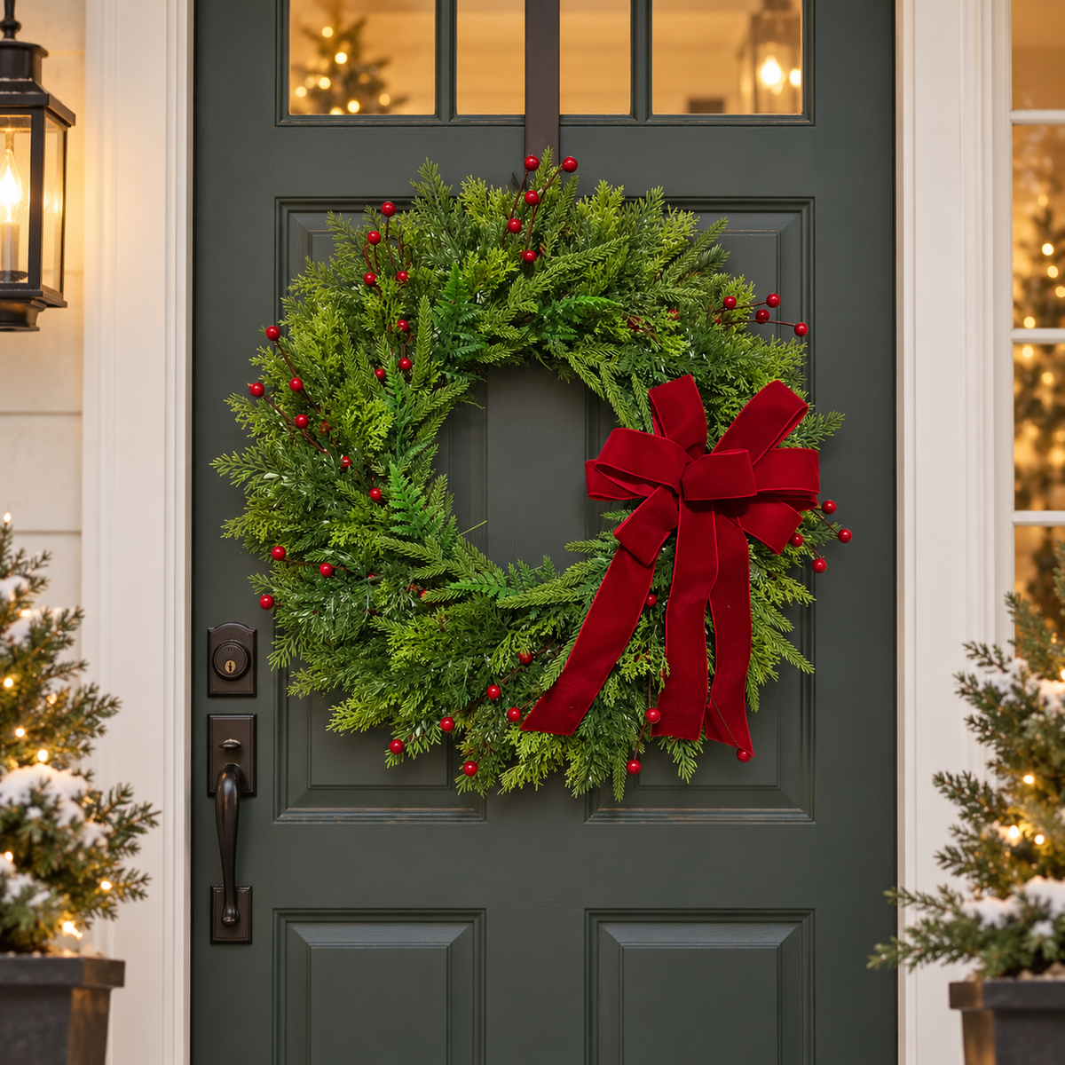 Christmas Front Door Wreath Evergreen Red Bow Decor ABDW-002