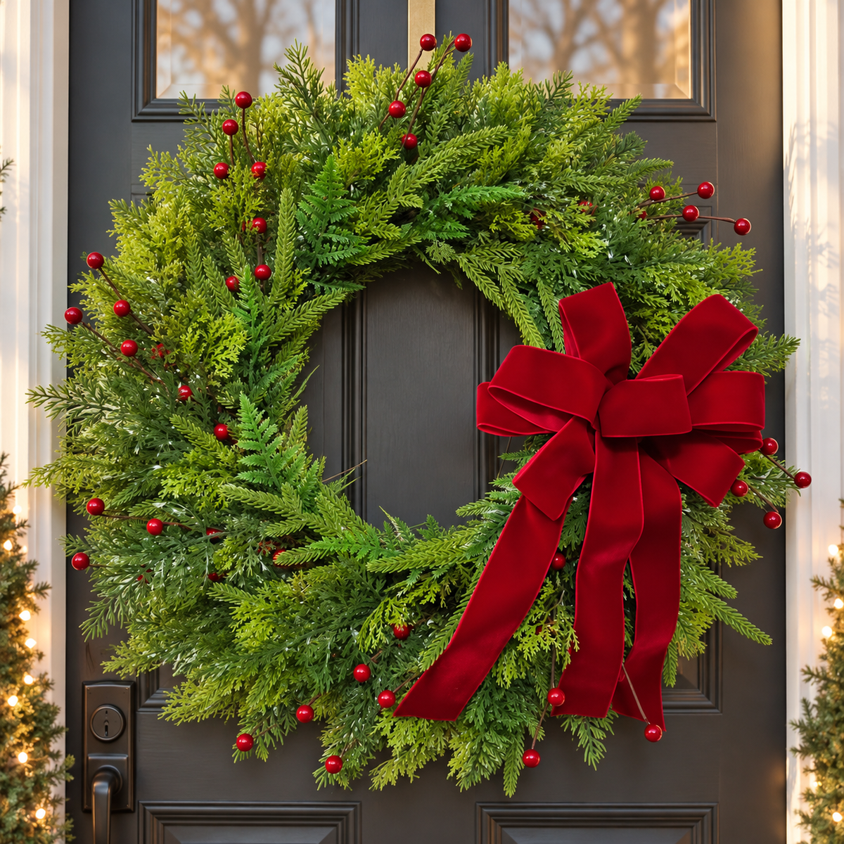 Christmas Front Door Wreath Evergreen Red Bow Decor ABDW-002