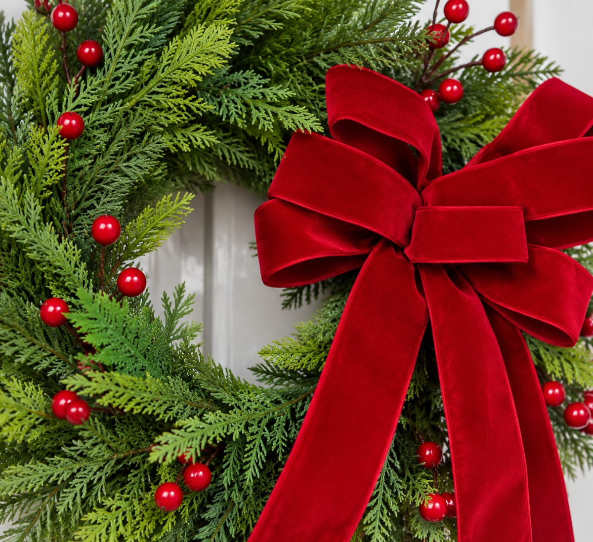 Christmas Front Door Wreath Evergreen Red Bow Decor ABDW-002