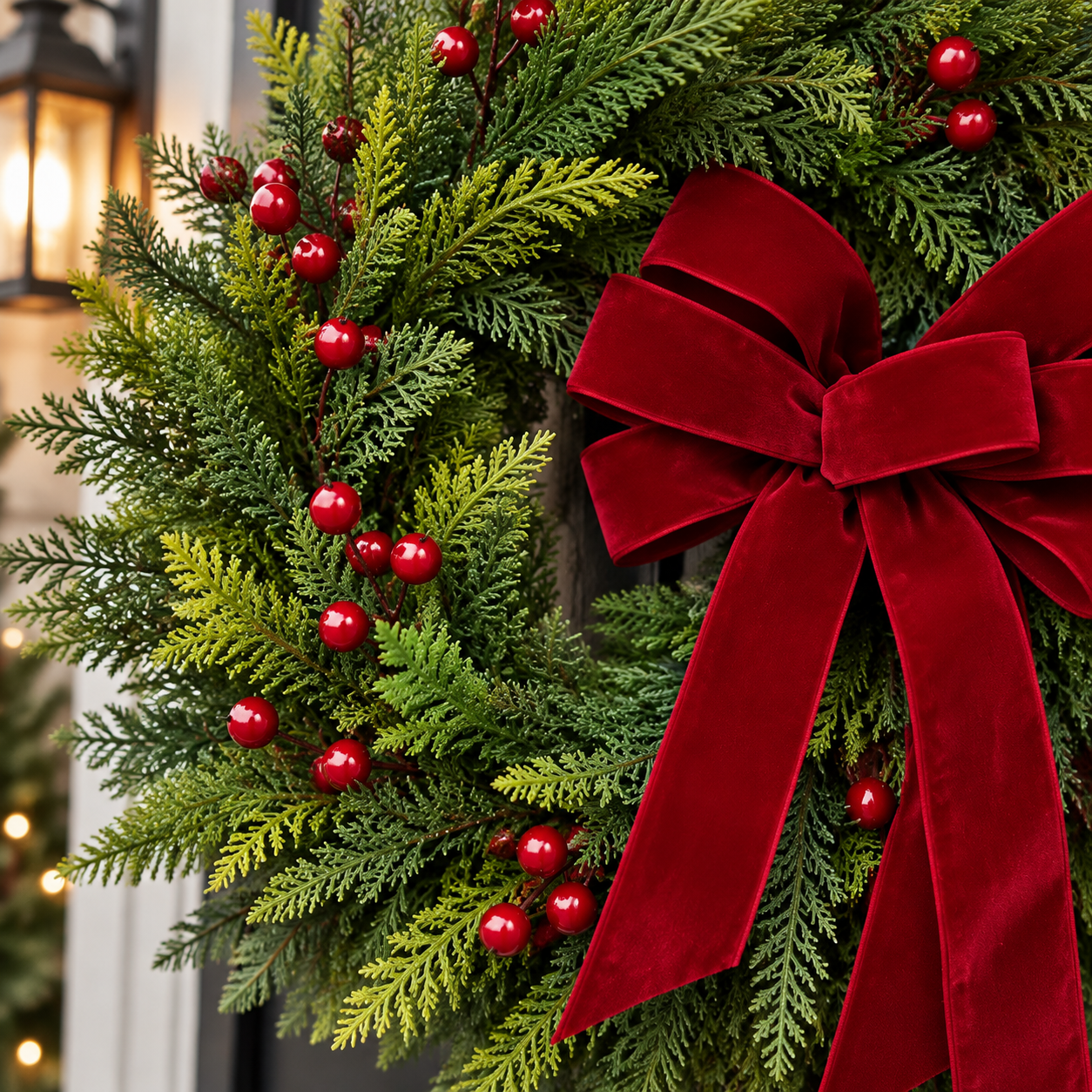Christmas Front Door Wreath Evergreen Red Bow Decor ABDW-002