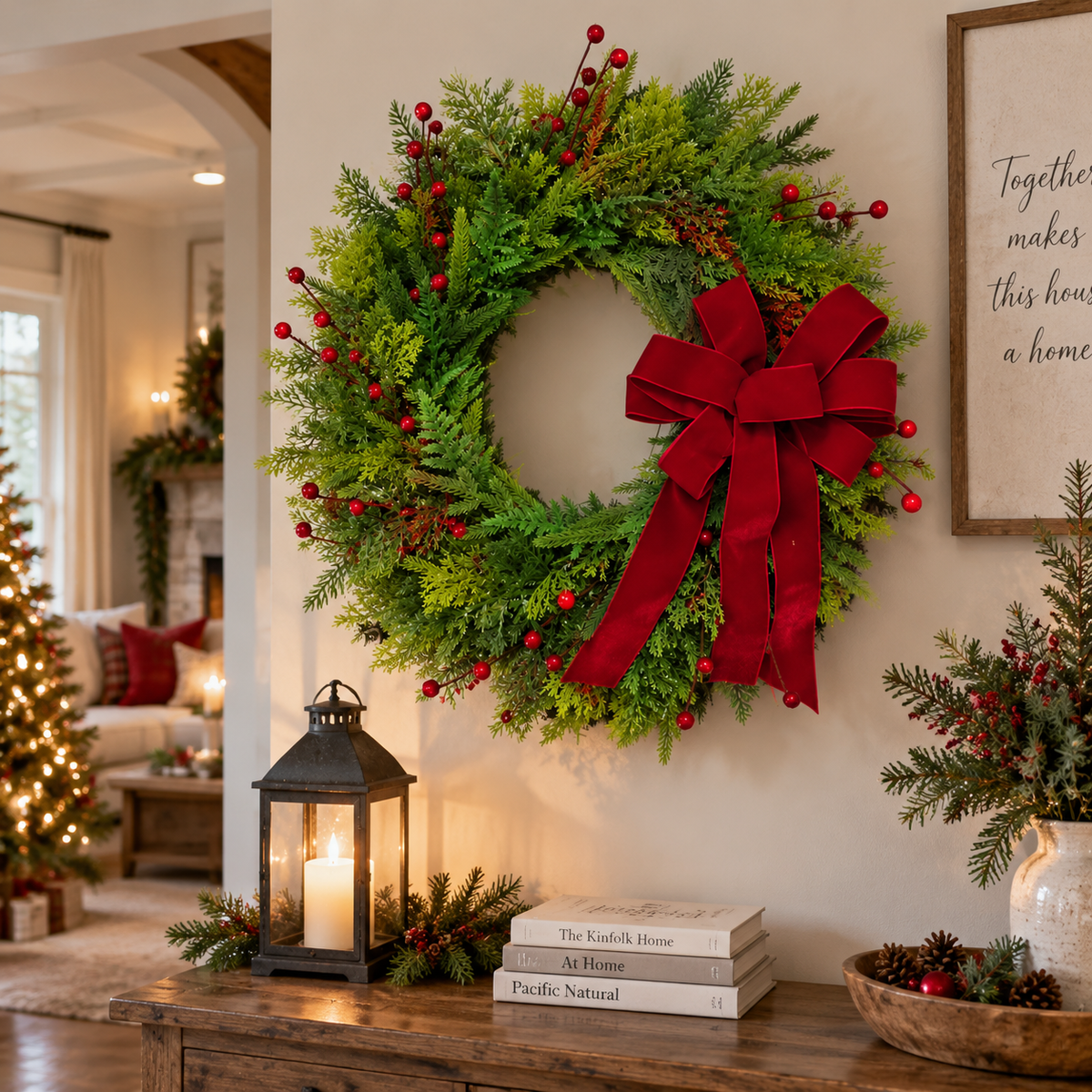 Christmas Front Door Wreath Evergreen Red Bow Decor ABDW-002