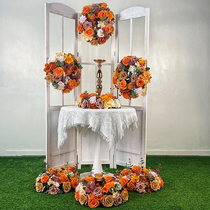 Autumn Orange Brown Fabric Flower Ball Flower Centerpiece Table Decor ABFC-014