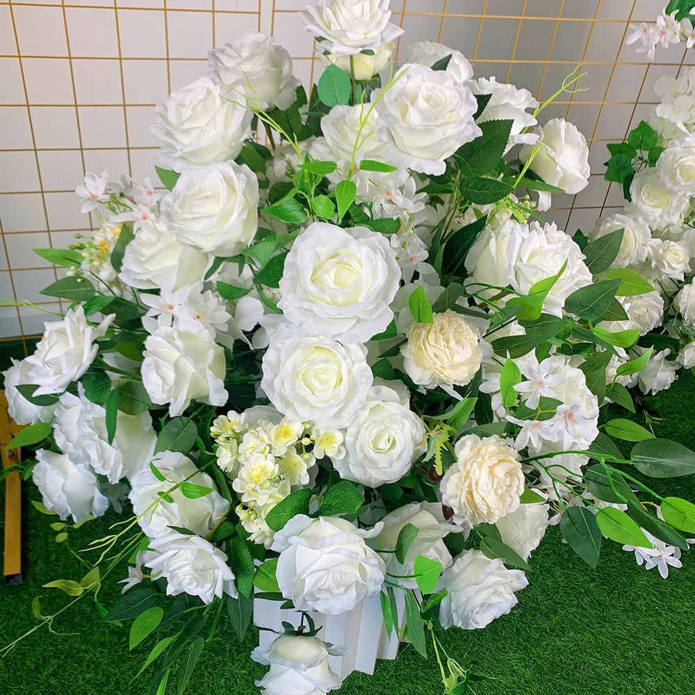 White Rose with Green Leaves Flower Centerpiece Wedding Table Decor ABFC-022