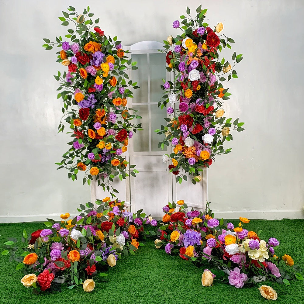 Orange and Purple Fabirc Flower Row Flower Runner Wedding Table Decor ABFR-003