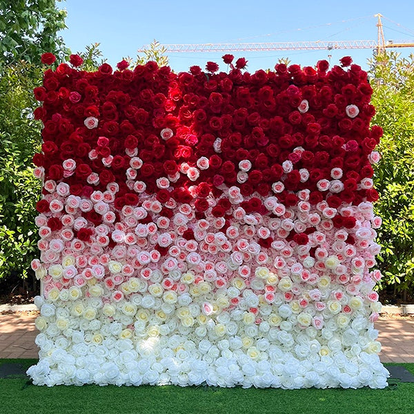 Red White Ombre Rose Floral Wall Backdrop for Wedding Decor.