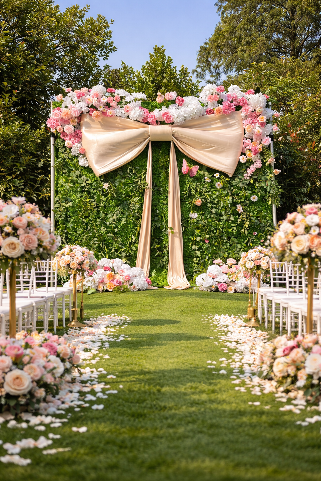 Luxury Greenery Wall Backdrop with Giant Bow for Wedding Party Decor ABFW-015