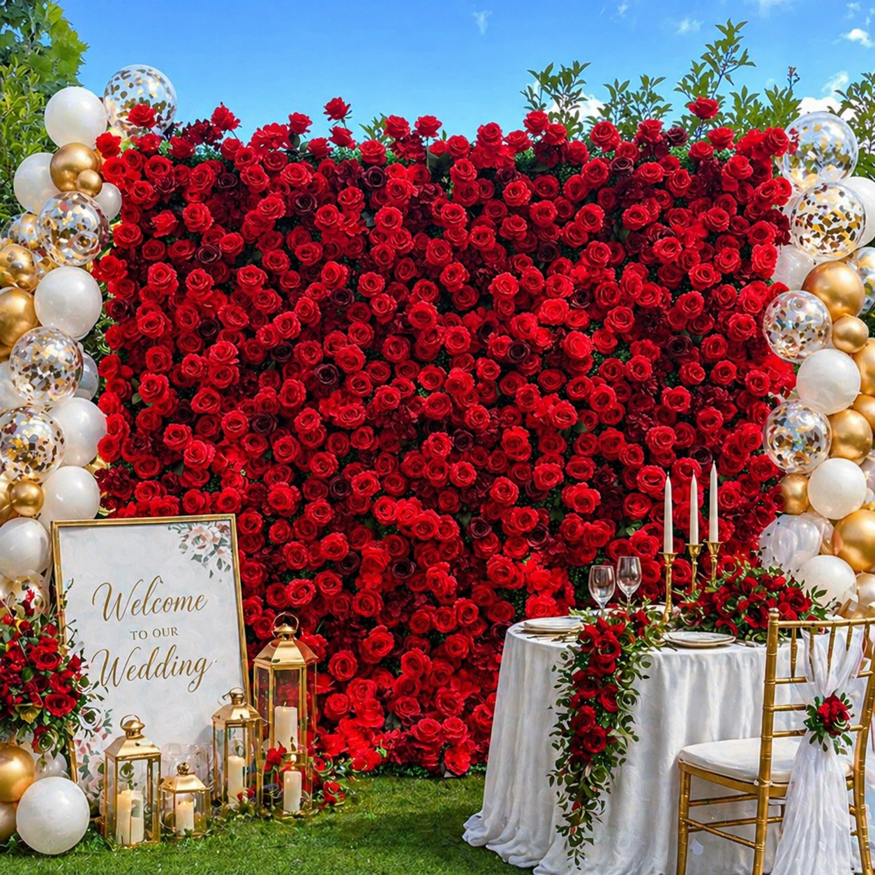 Luxury red fabric rose wall backdrop for wedding.