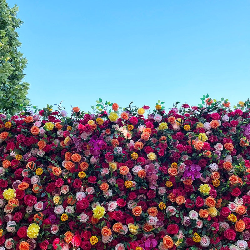 A close-up view of the colorful flower wall.