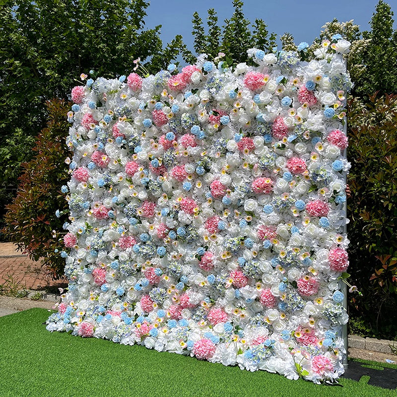 5D Fabric White Pink Mixed Flowers Rolling Up Curtain Flower Wall ABFW-095