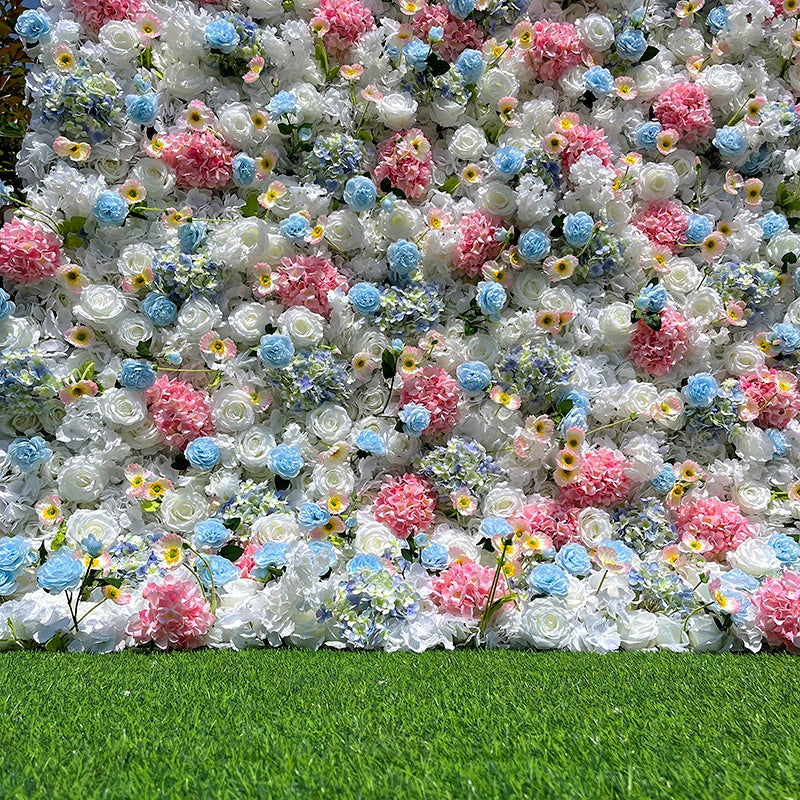 5D Fabric White Pink Mixed Flowers Rolling Up Curtain Flower Wall ABFW-095