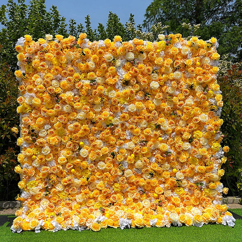 Yellow Silk Rose 5D Roll Up Curtain Wedding Flower Wall Backdrop ABFW-098