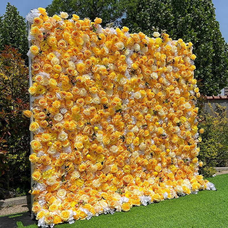 Yellow Silk Rose 5D Roll Up Curtain Wedding Flower Wall Backdrop ABFW-098
