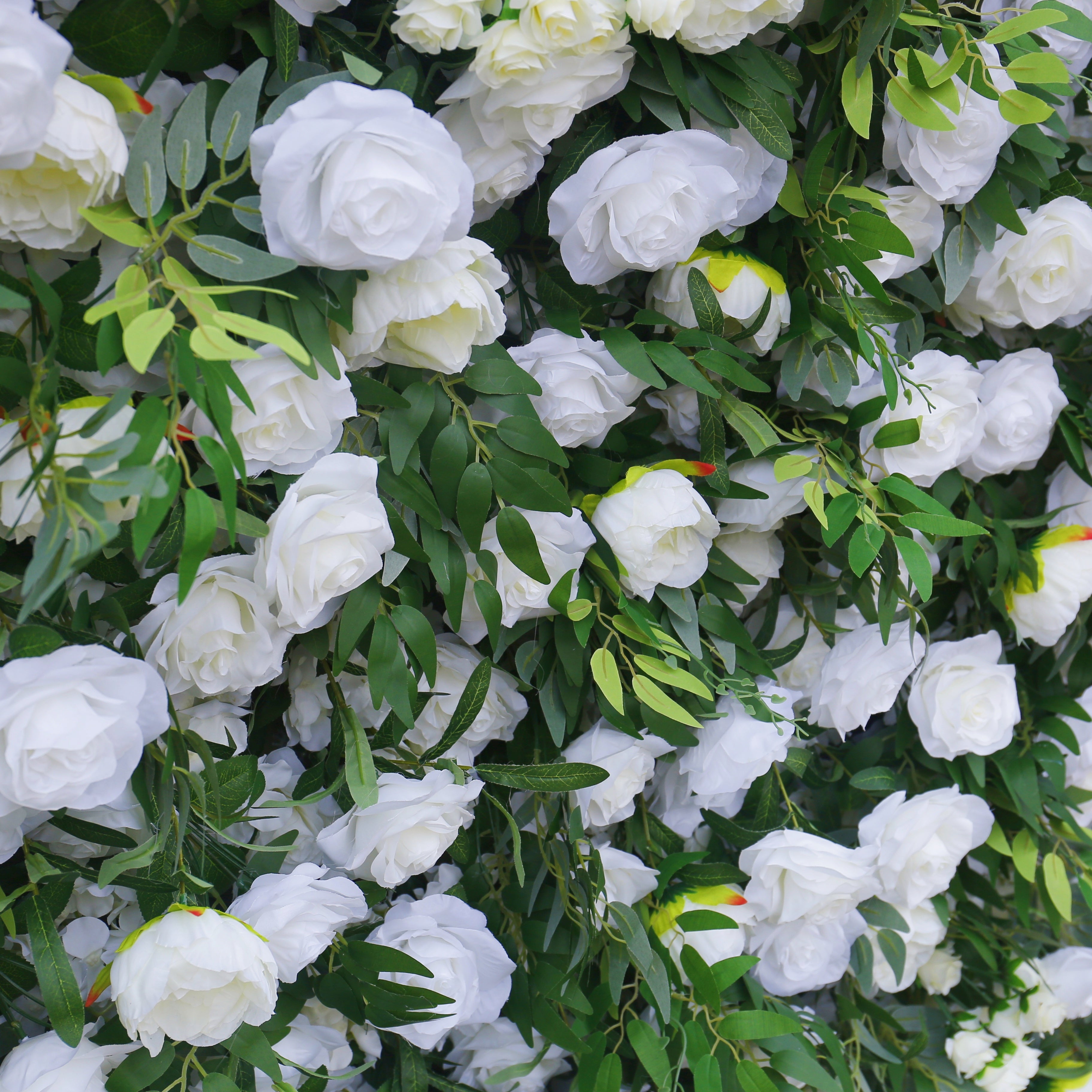 White Rose Green Leaves Fabric Roll Up Flower Wall ACFW-156