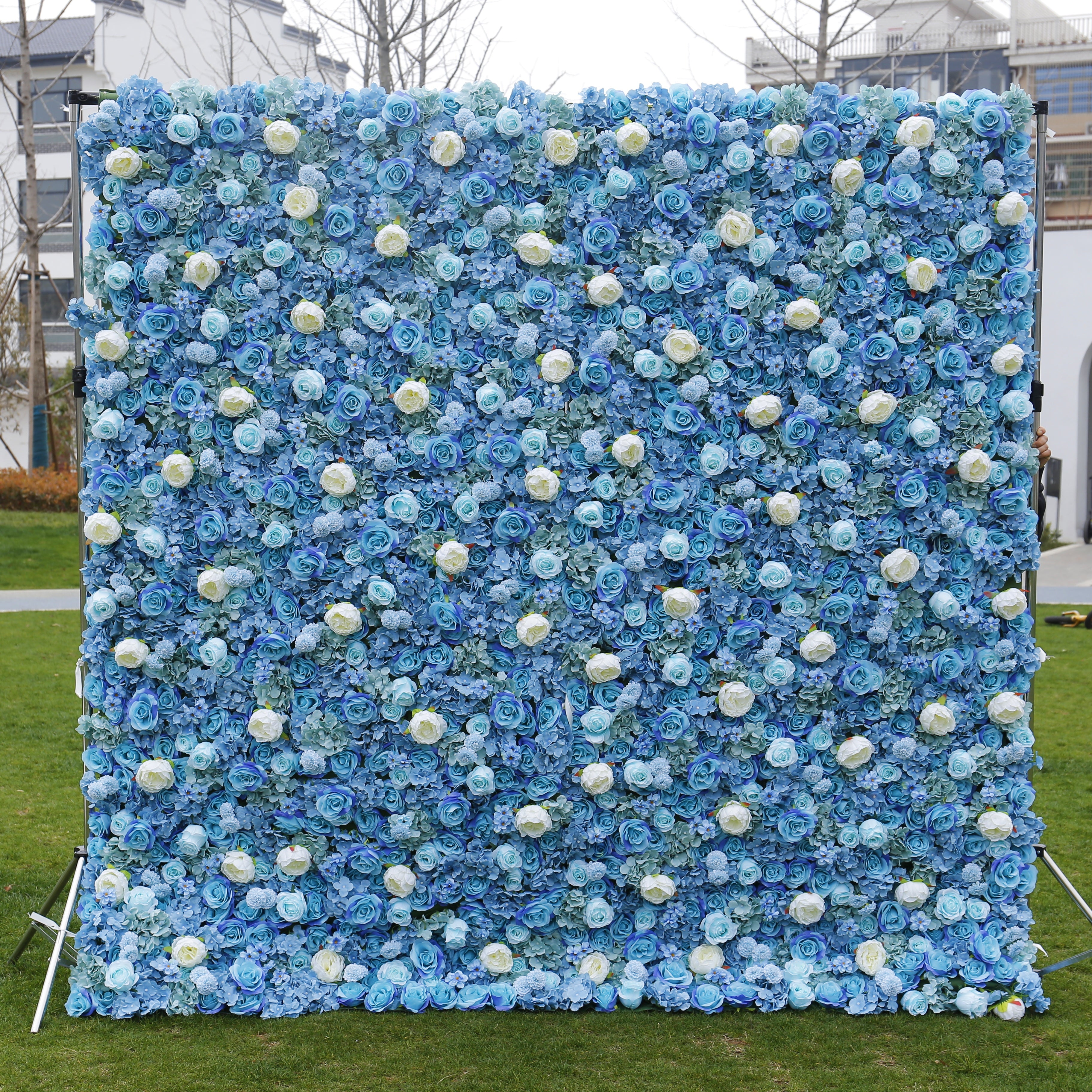 Blue White Fabric Rose Roll Up Flower Wall for Wedding Events ACFW-001