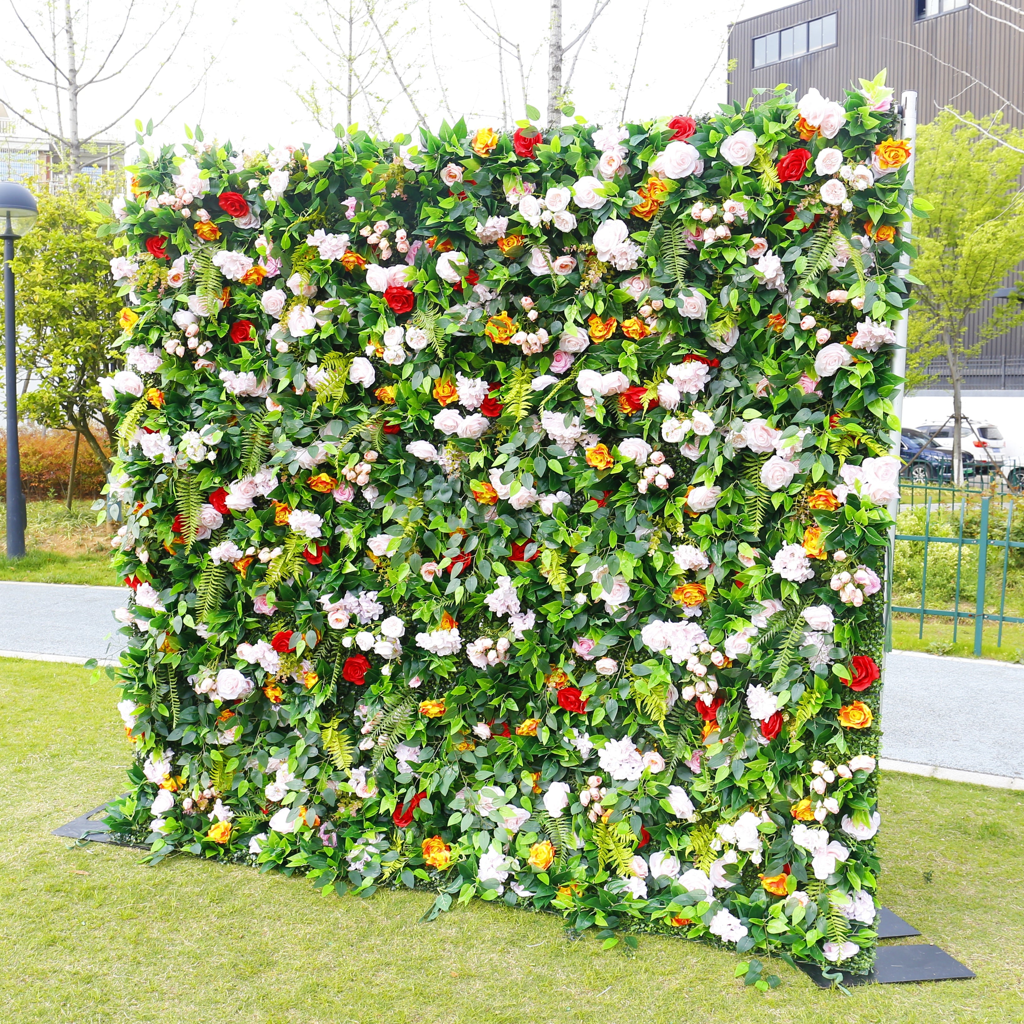 8ft Pink Rose Green Leaves Fabric Roll Up Artificial Flower Wall ACFW-002