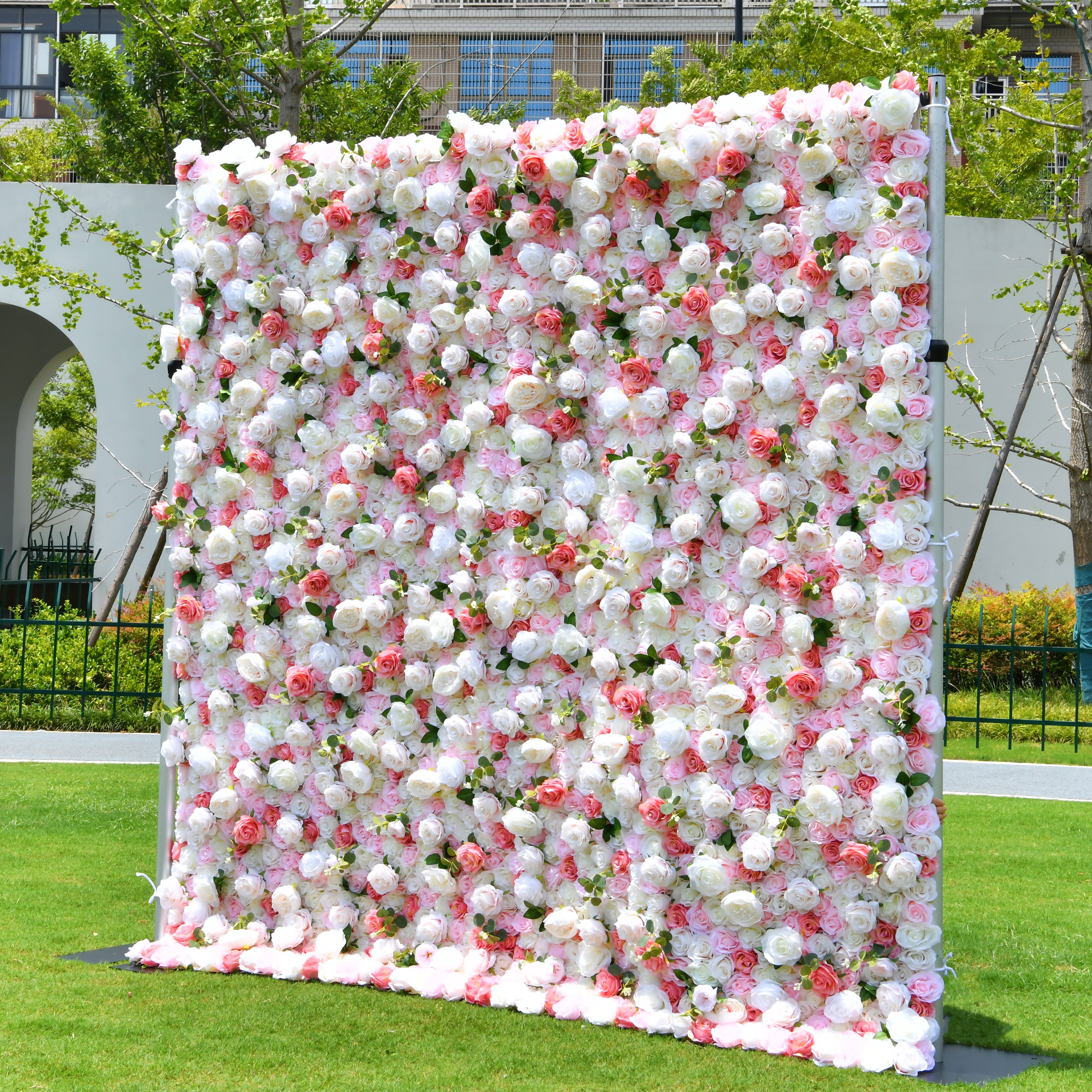 5D Pink White Artificial Rose Roll Up Flower Wall Events Backdrop ACFW-005