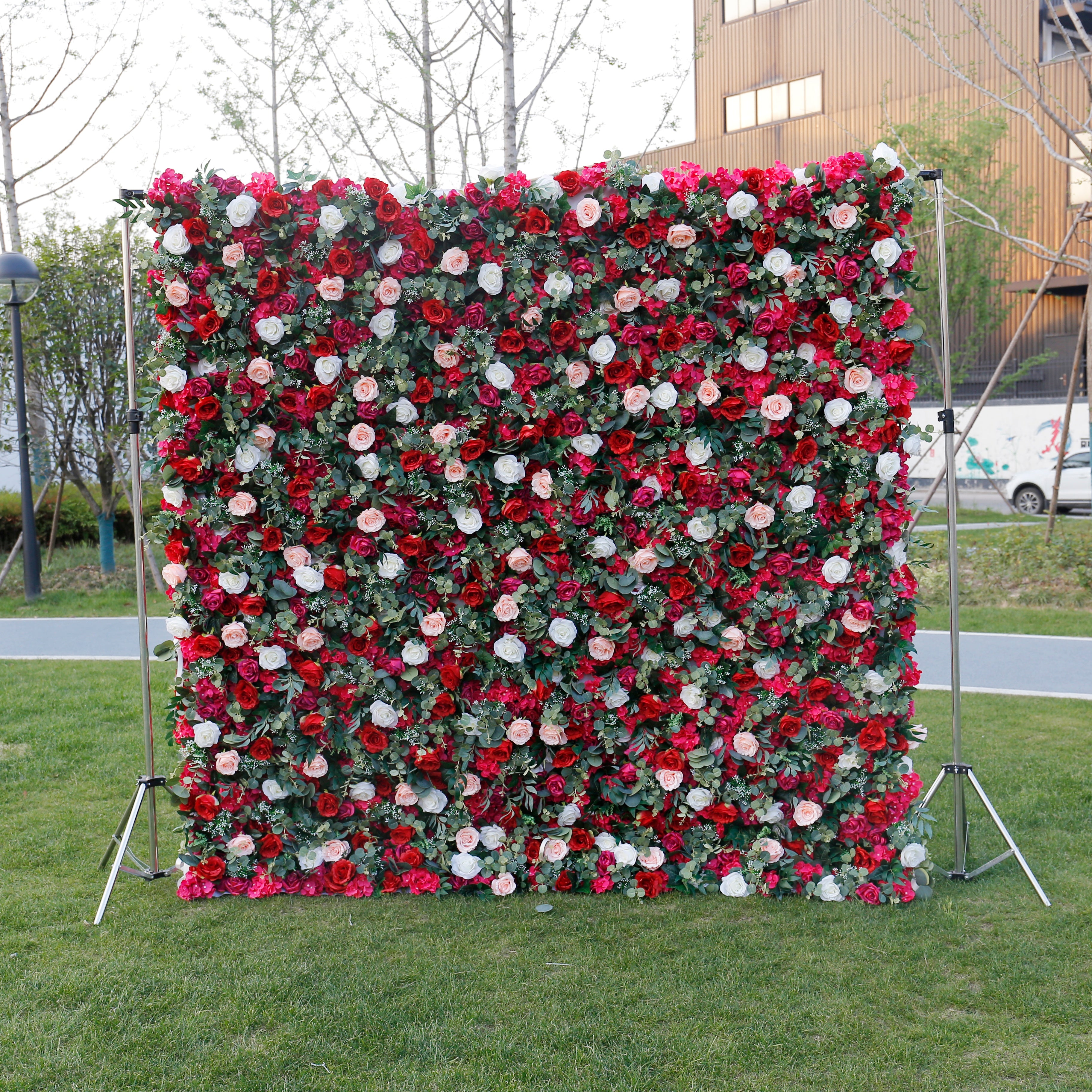 Romantic Red Fabric Rose Greenery Artificial Flower Wall Backdrop ACFW-014