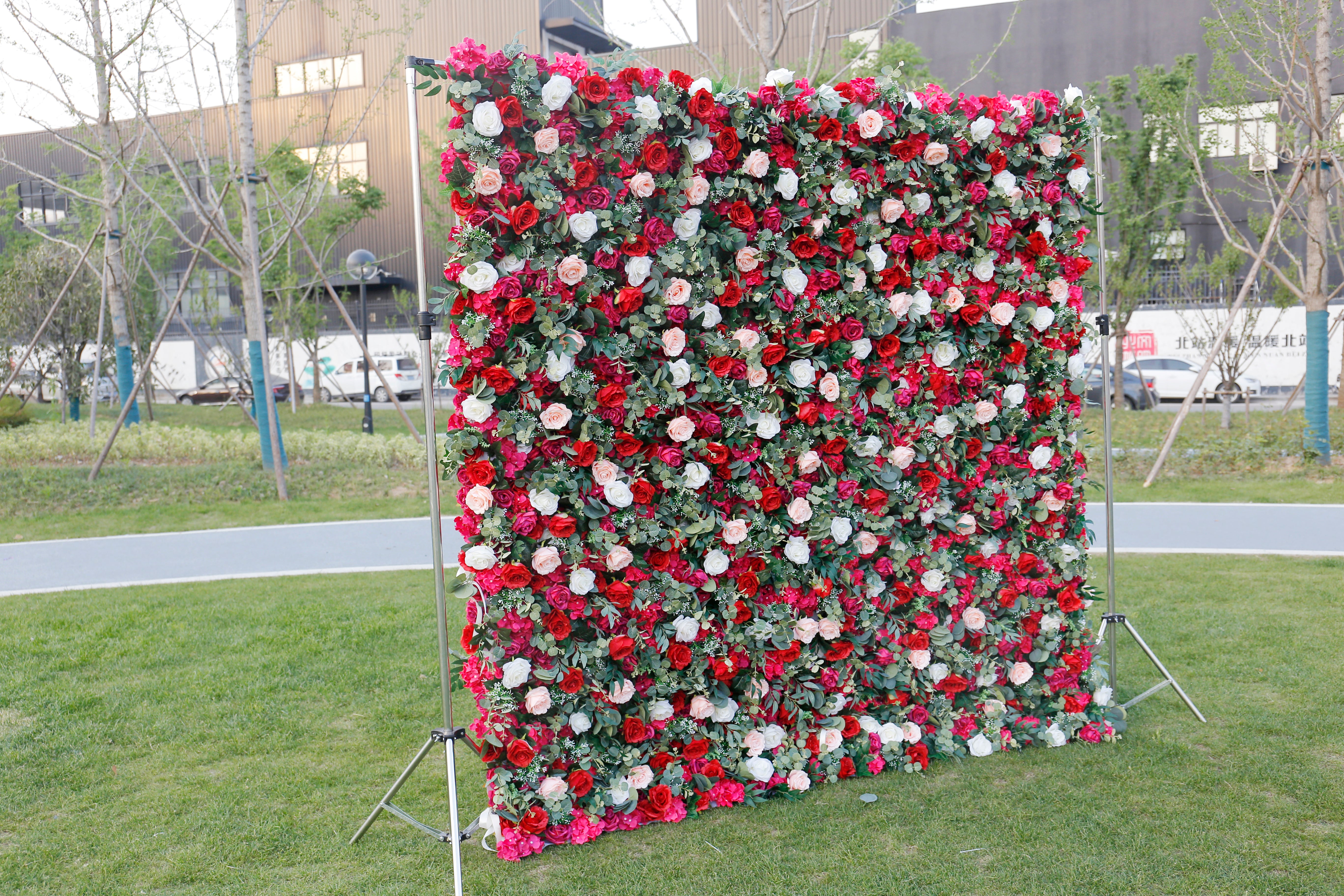 Romantic Red Fabric Rose Greenery Artificial Flower Wall Backdrop ACFW-014