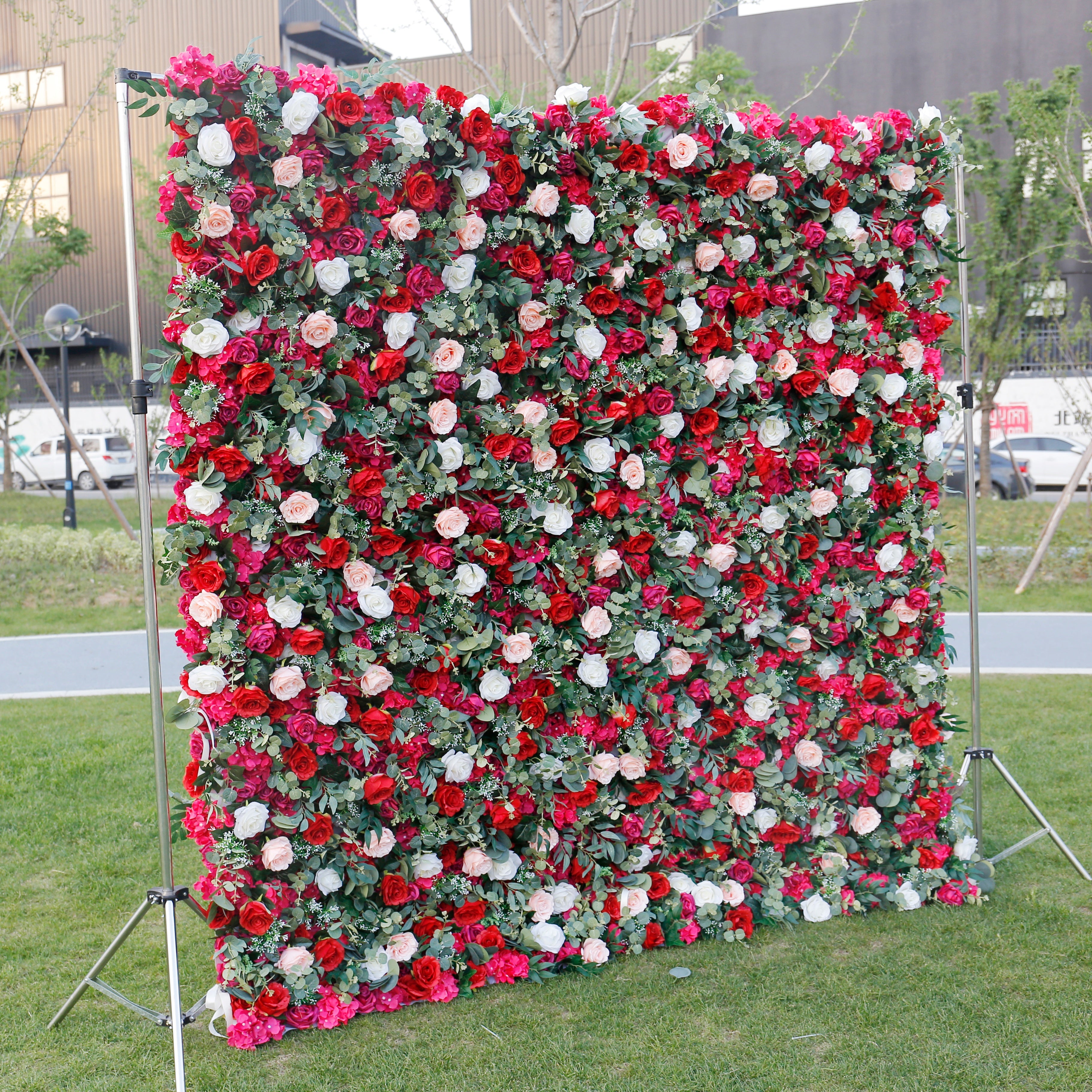Romantic Red Fabric Rose Greenery Artificial Flower Wall Backdrop ACFW-014