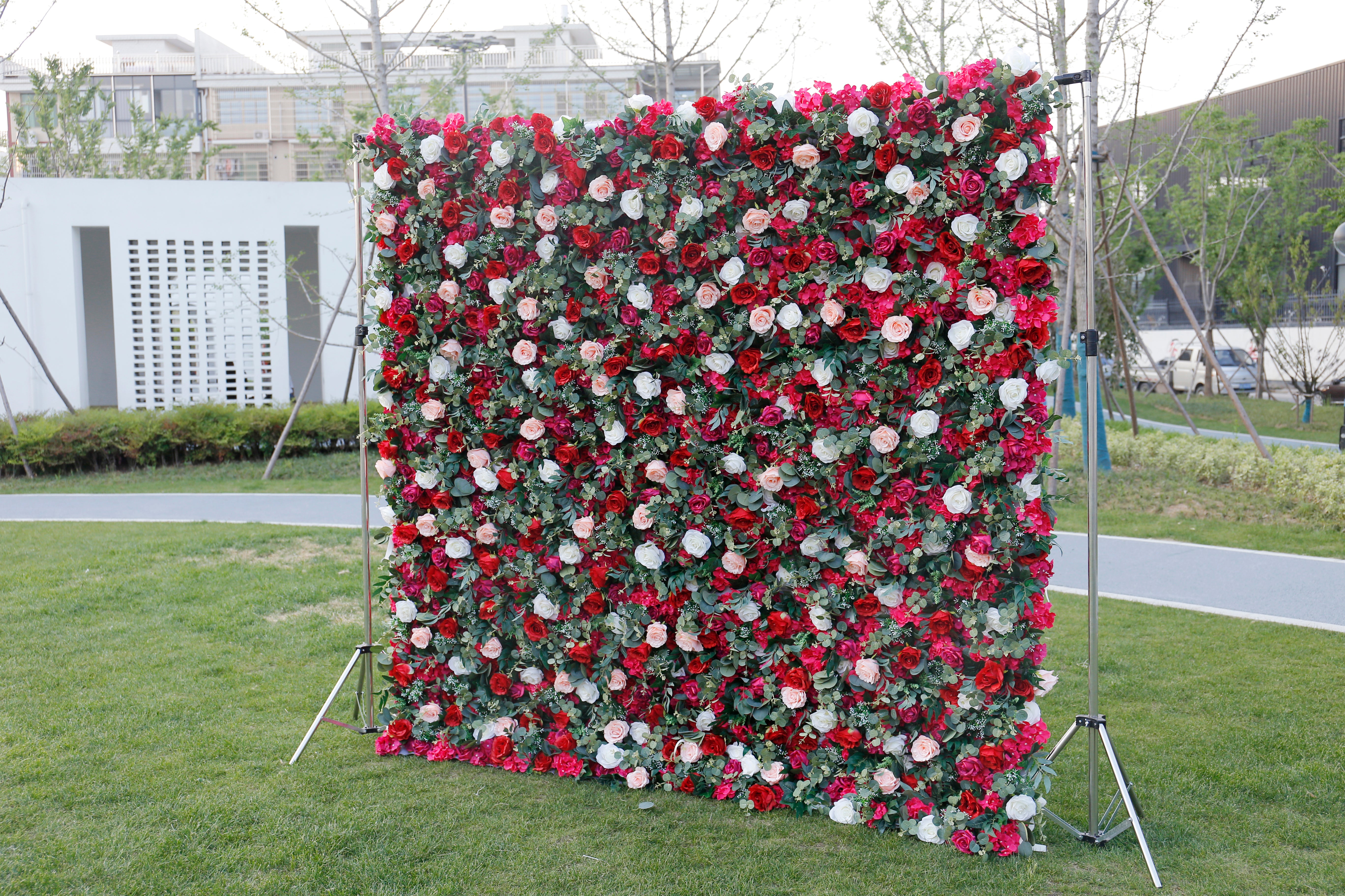 Romantic Red Fabric Rose Greenery Artificial Flower Wall Backdrop ACFW-014