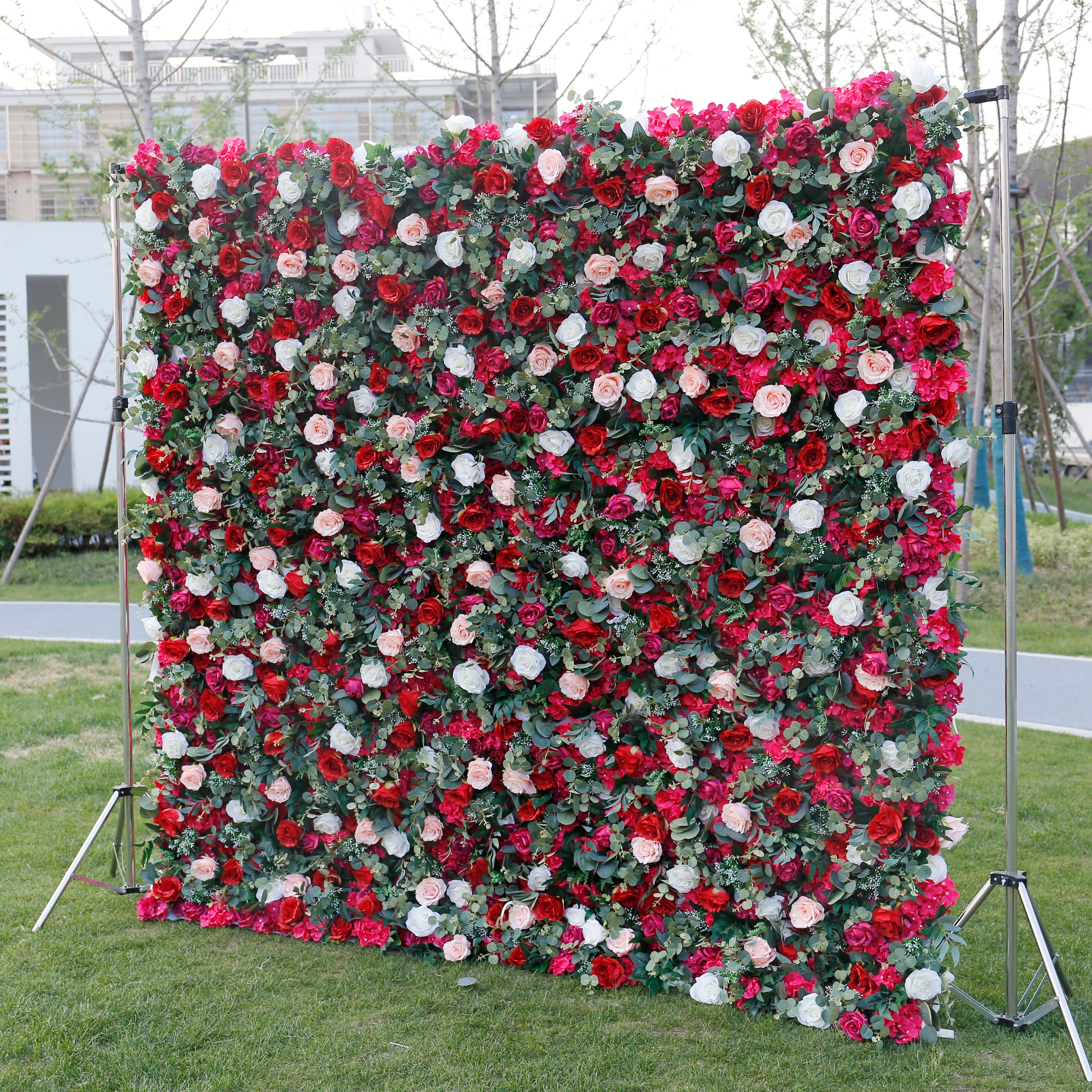 Romantic Red Fabric Rose Greenery Artificial Flower Wall Backdrop ACFW-014
