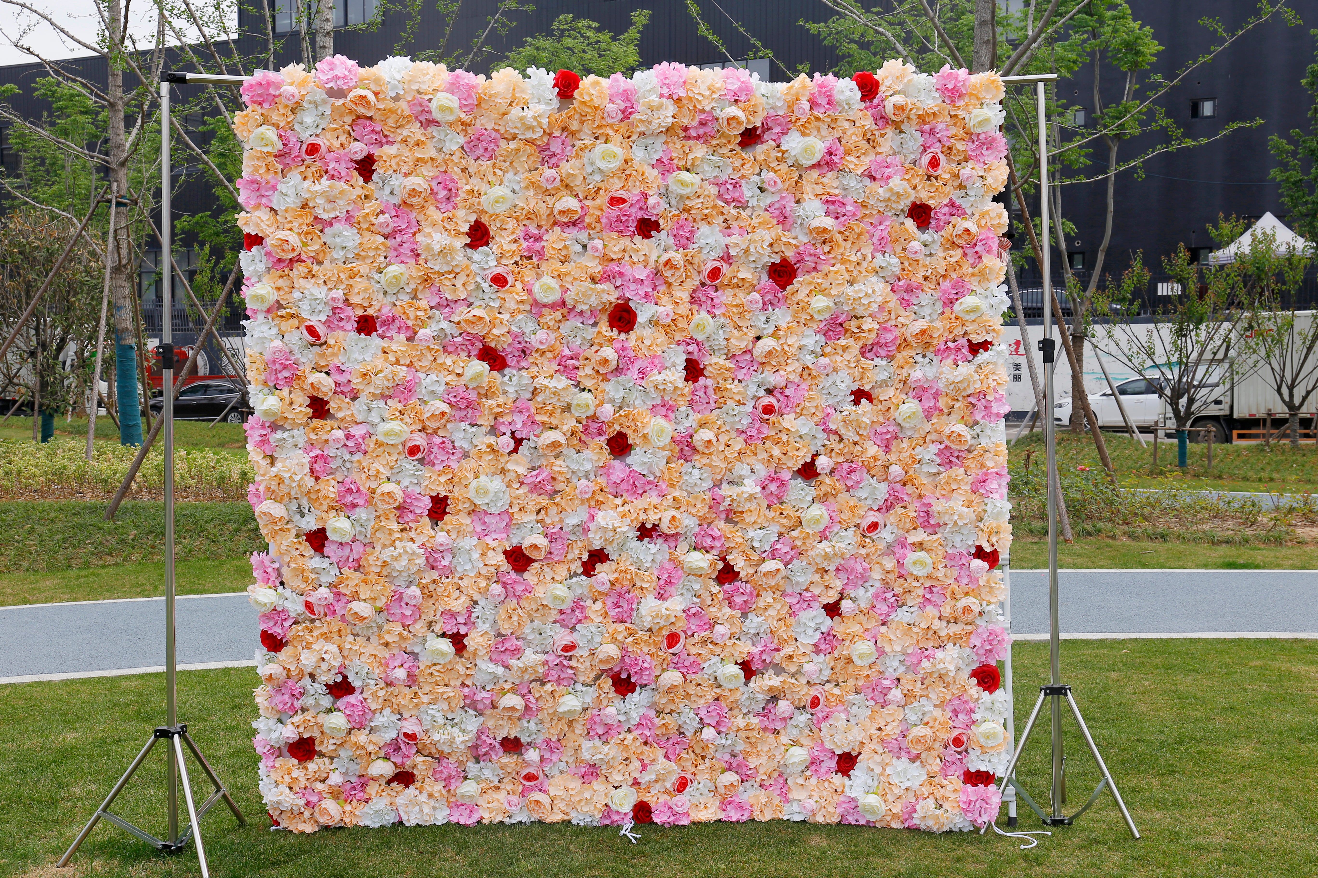 5D Pink Yellow Fabric Rose Hydrangea Faux Roll Up Flower Wall ACFW-018