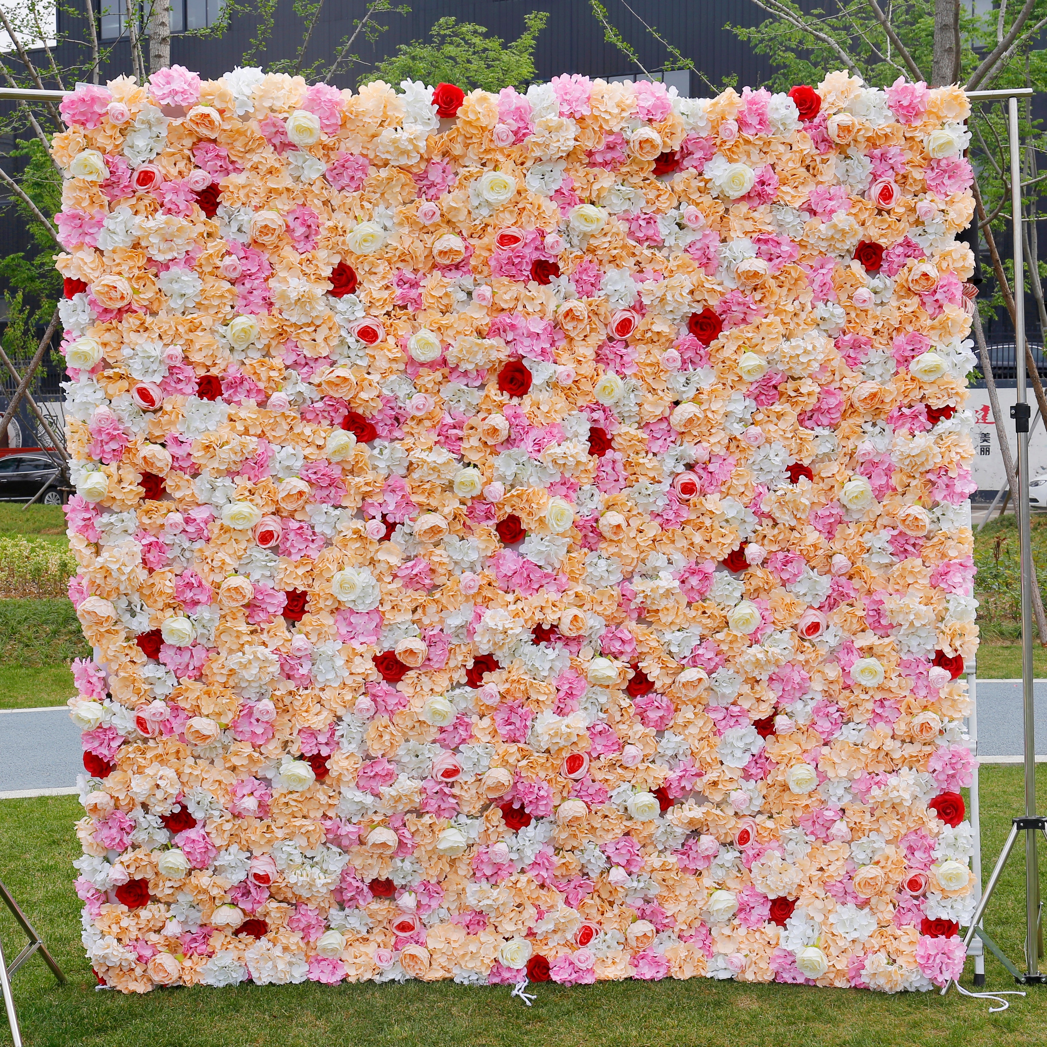 5D Pink Yellow Fabric Rose Hydrangea Faux Roll Up Flower Wall ACFW-018