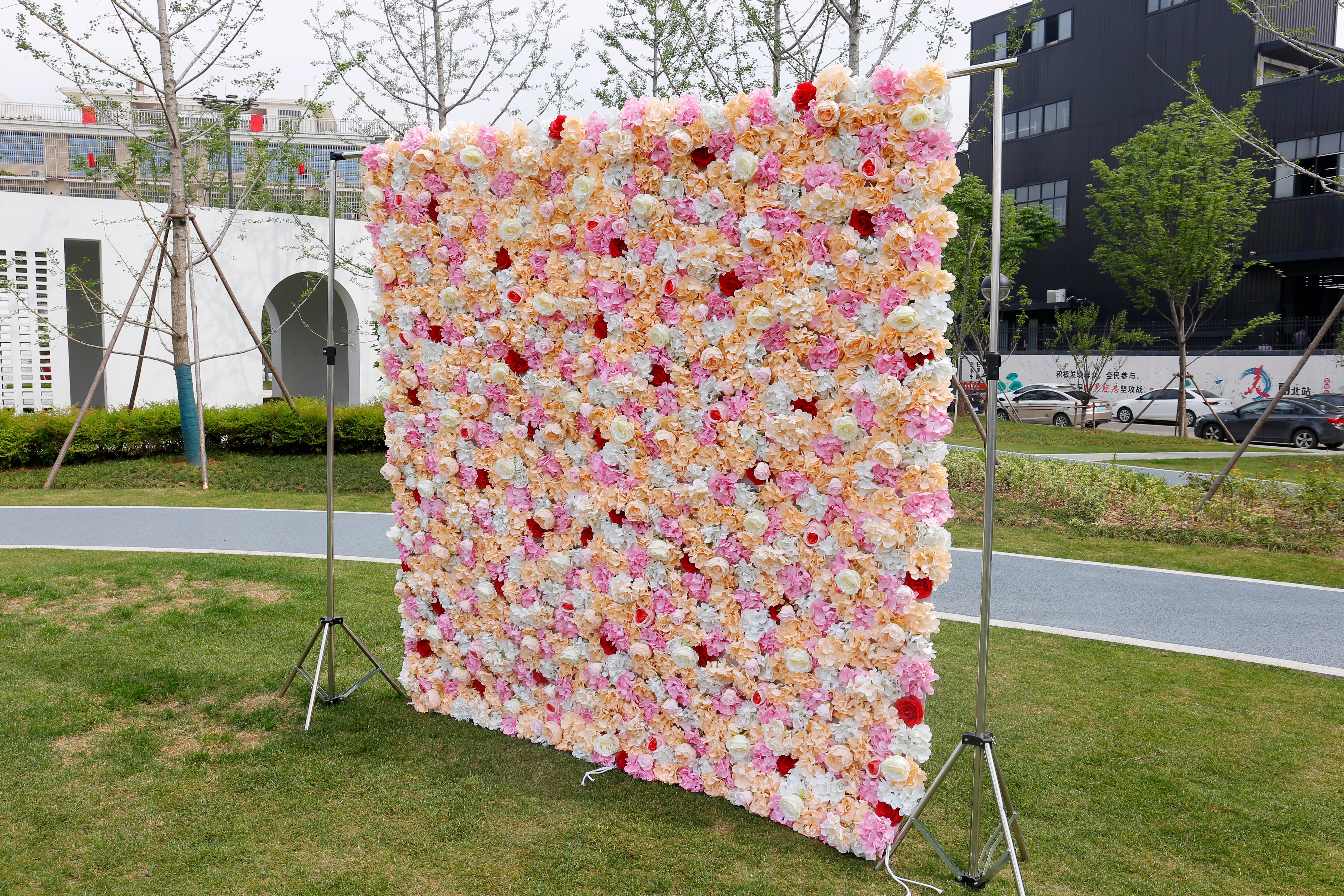5D Pink Yellow Fabric Rose Hydrangea Faux Roll Up Flower Wall ACFW-018