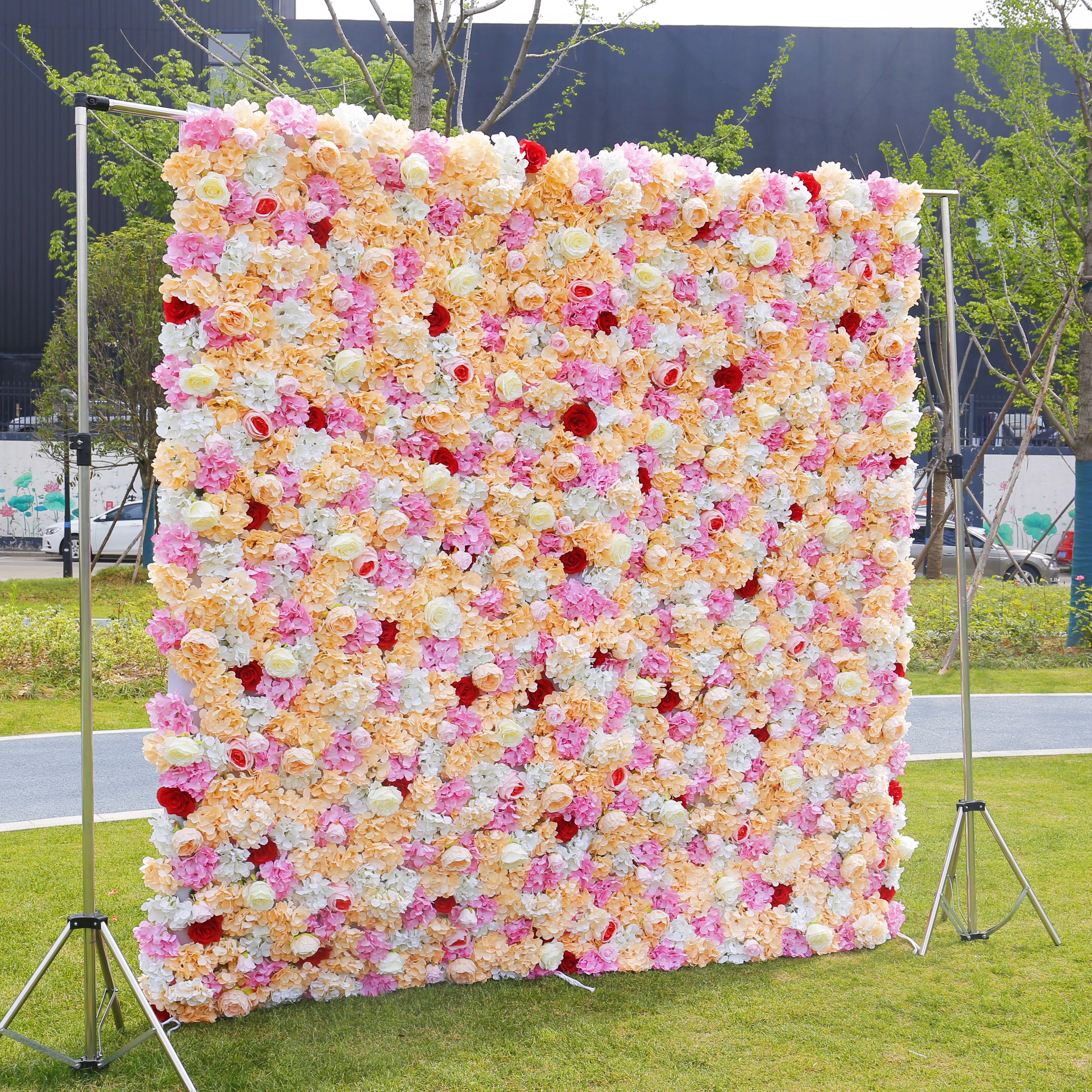 5D Pink Yellow Fabric Rose Hydrangea Faux Roll Up Flower Wall ACFW-018