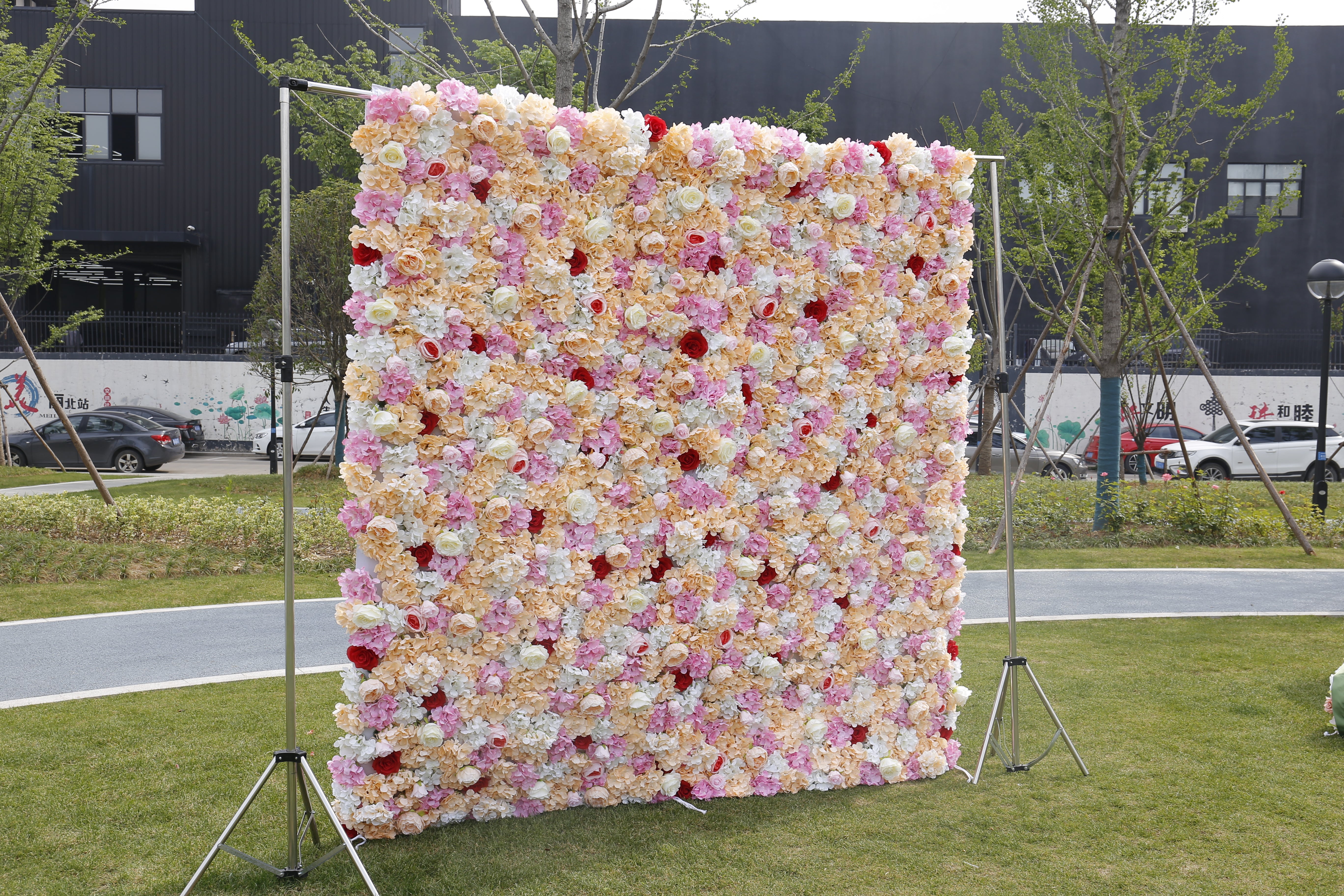5D Pink Yellow Fabric Rose Hydrangea Faux Roll Up Flower Wall ACFW-018