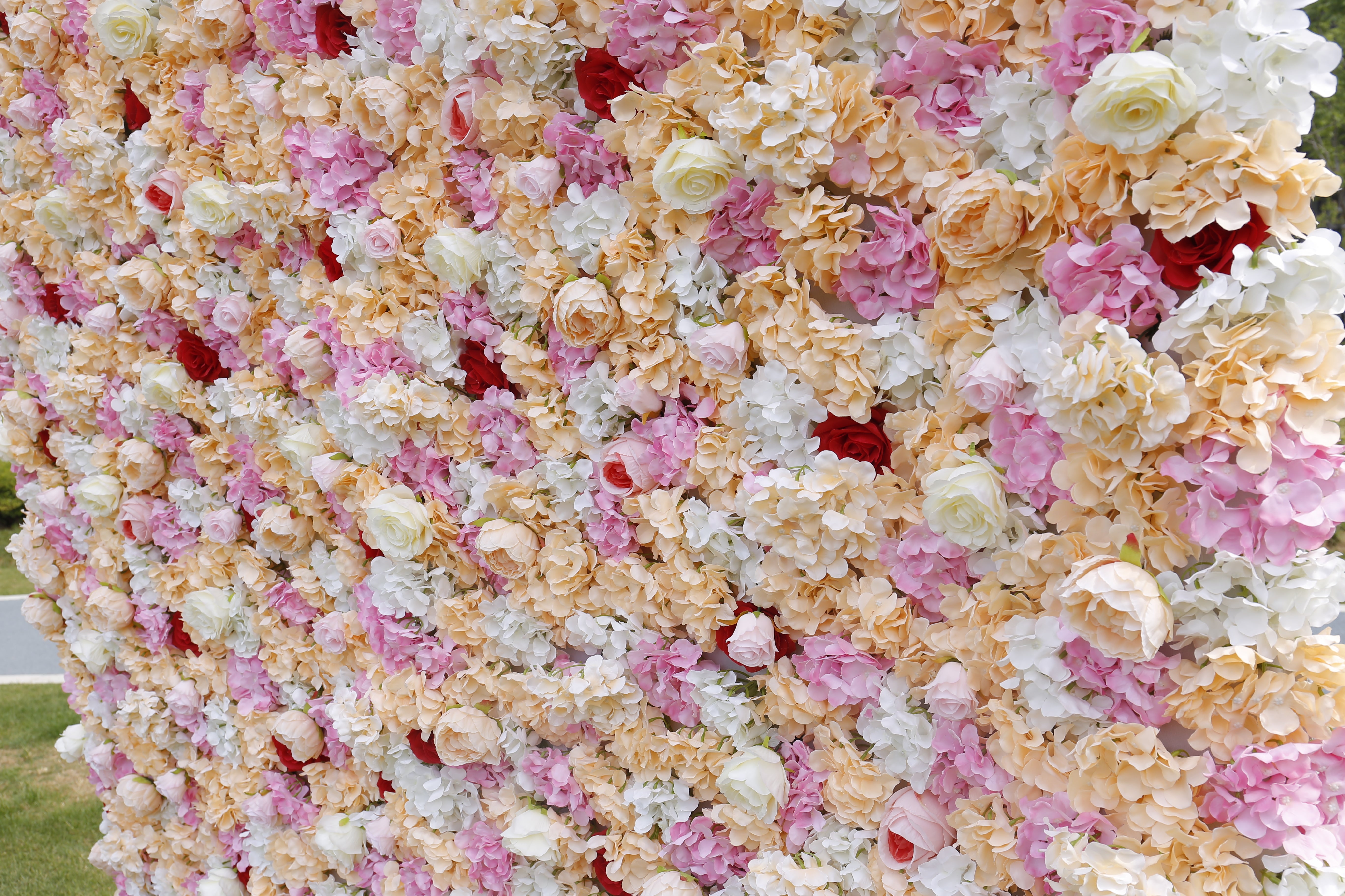 5D Pink Yellow Fabric Rose Hydrangea Faux Roll Up Flower Wall ACFW-018