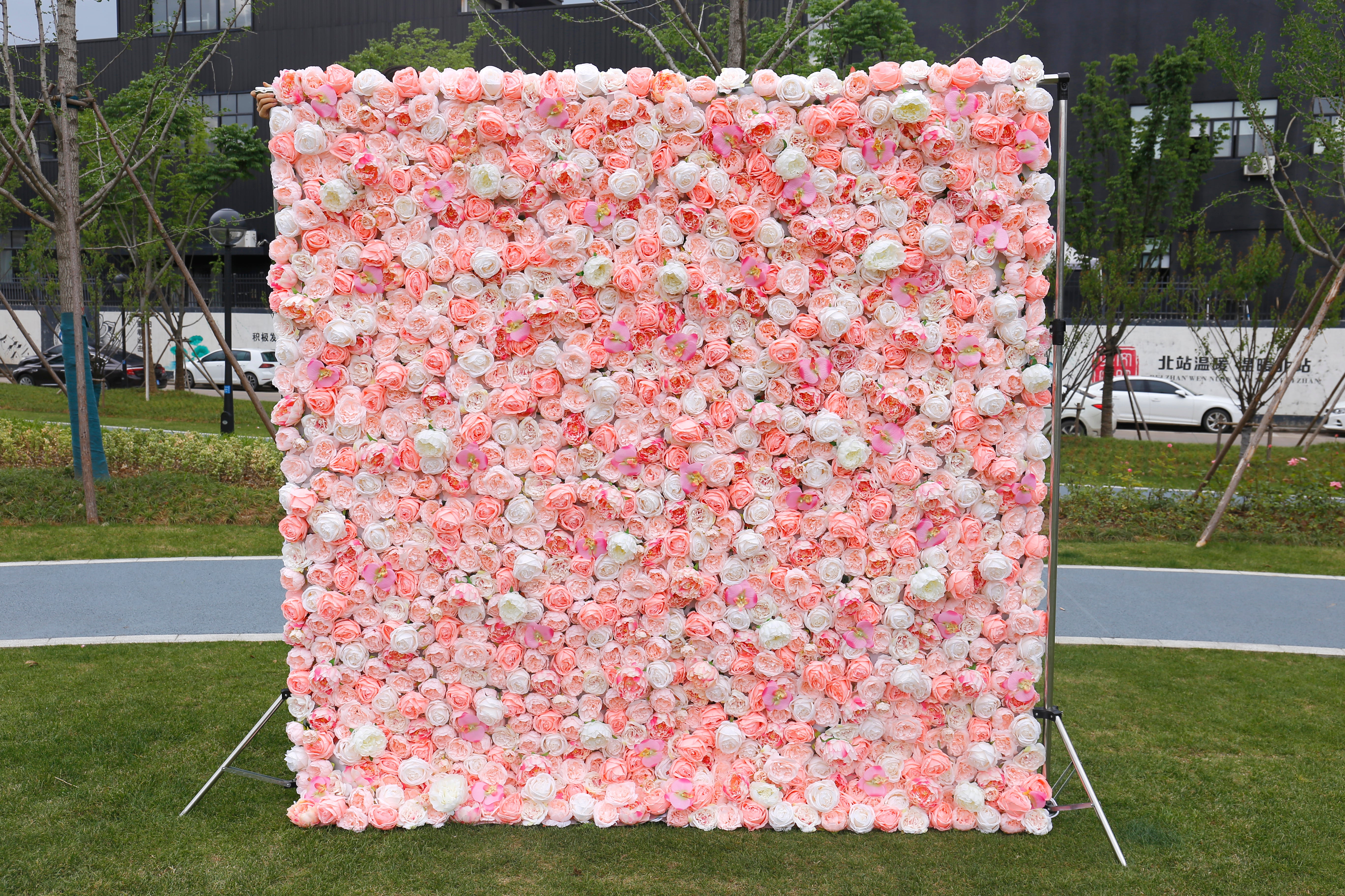 5D Silk Pink White Roses Roll Up Artificial Flower Wall Backdrop ACFW-019