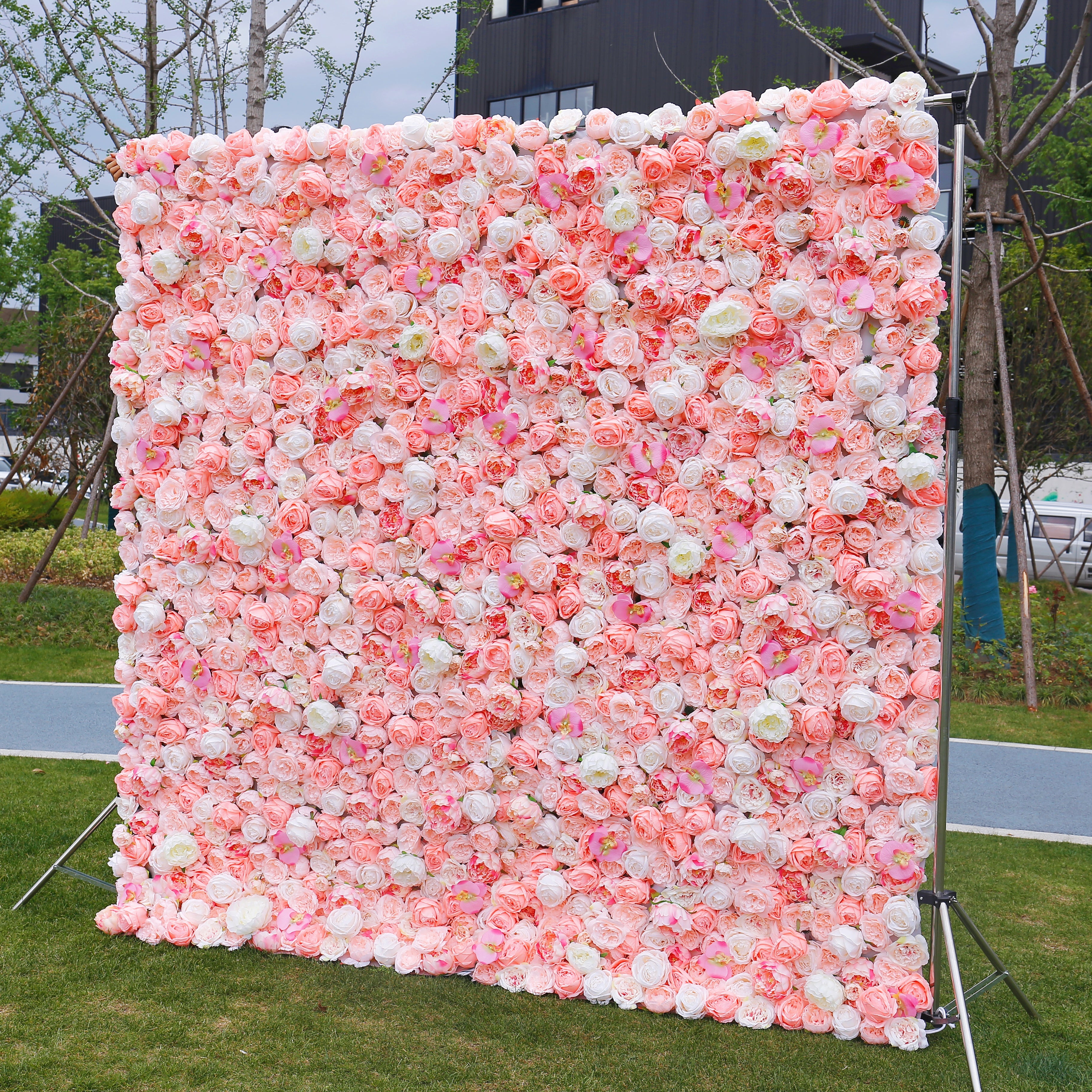 5D Silk Pink White Roses Roll Up Artificial Flower Wall Backdrop ACFW-019