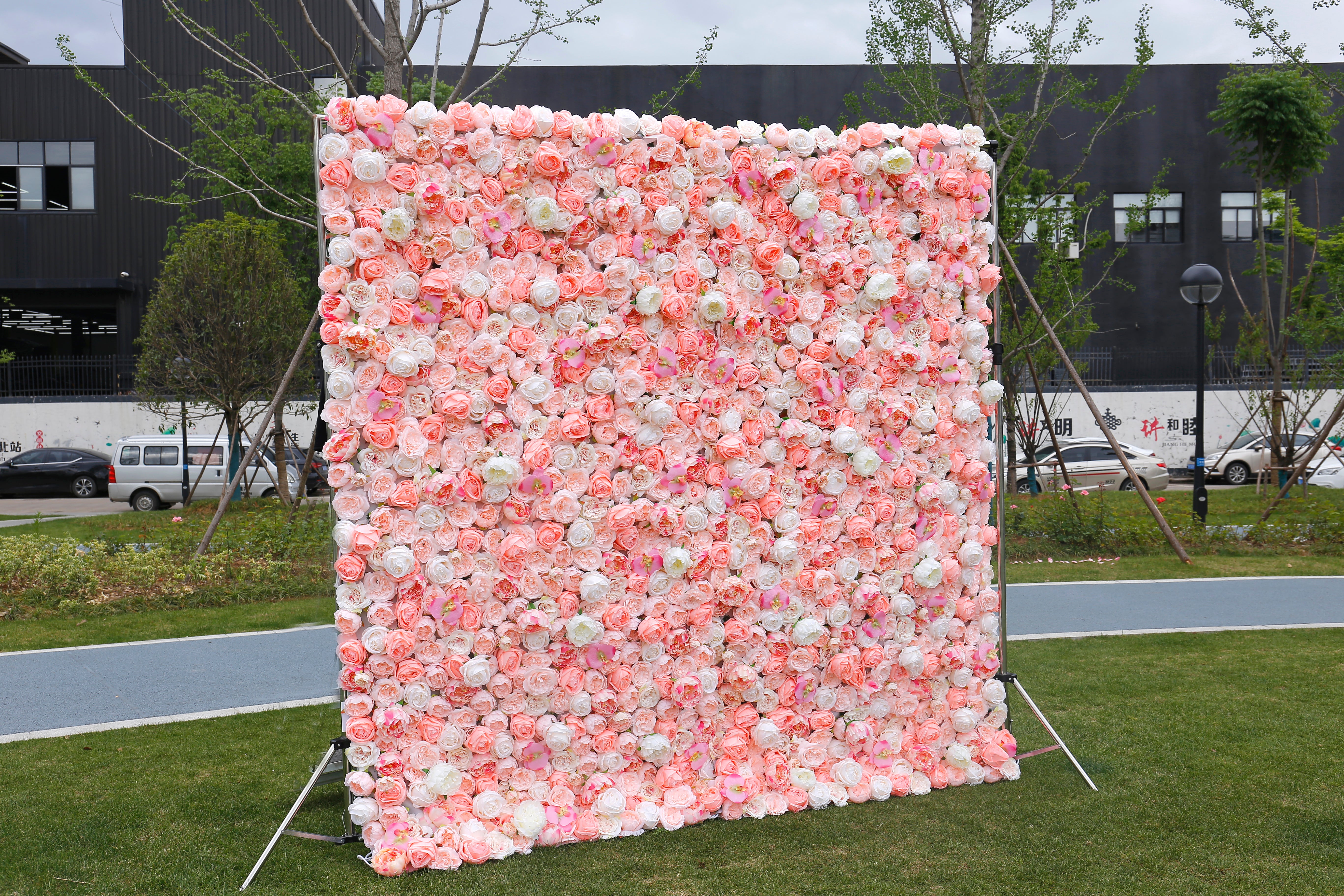 5D Silk Pink White Roses Roll Up Artificial Flower Wall Backdrop ACFW-019