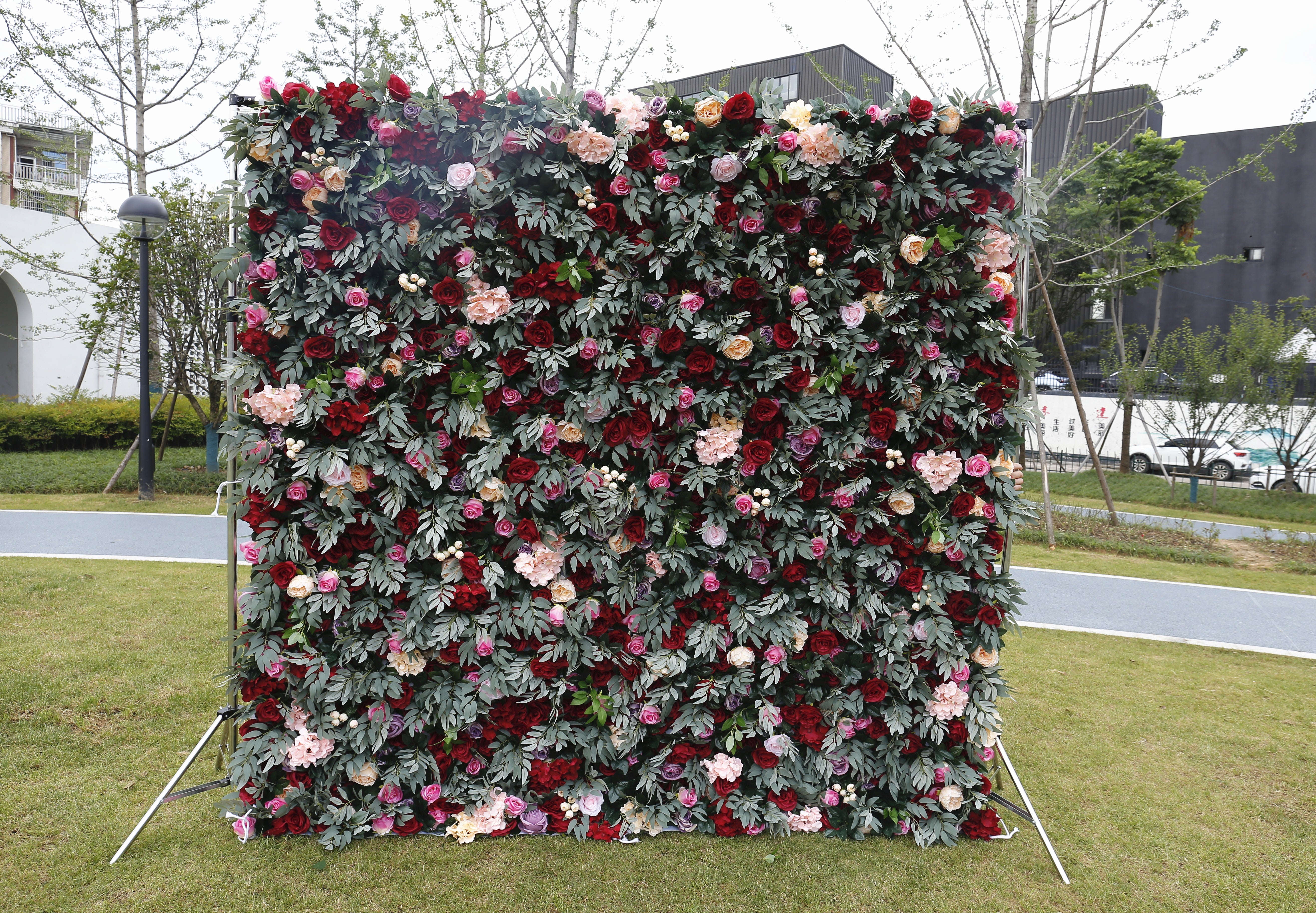 Red Rose with Greenery Wedding Fabric Roll Up Curtain Flower Wall ACFW-043