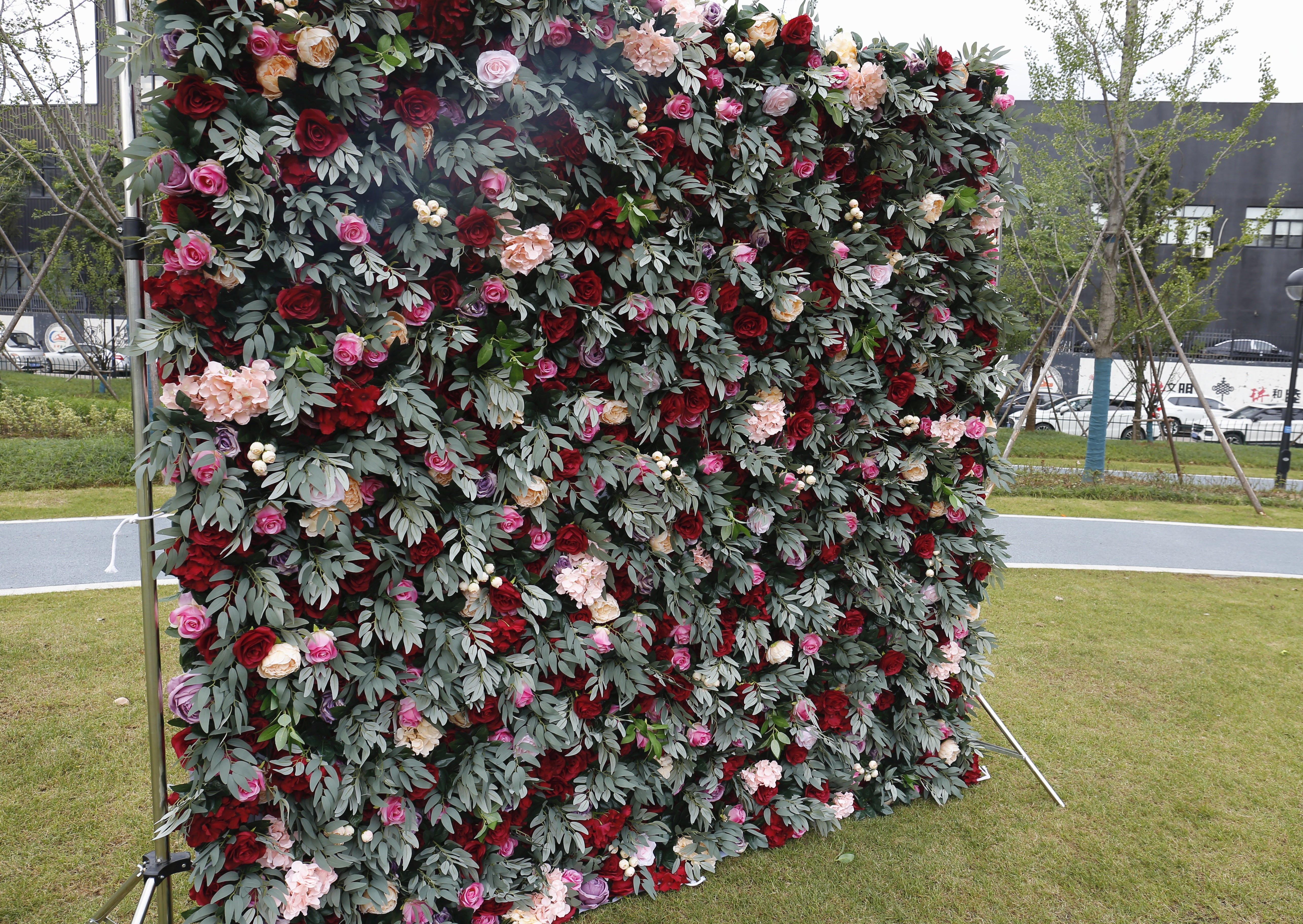 Red Rose with Greenery Wedding Fabric Roll Up Curtain Flower Wall ACFW-043