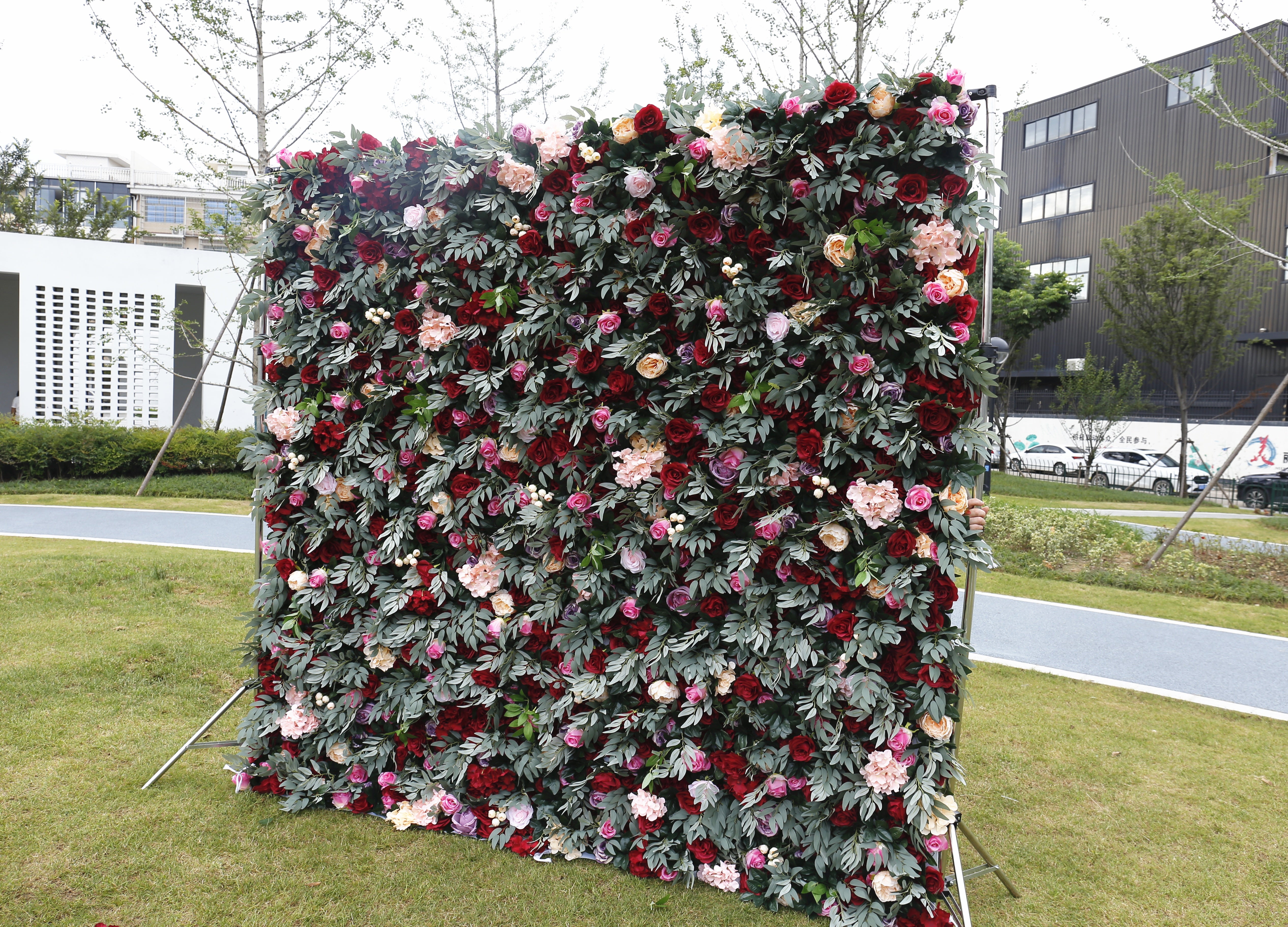 Red Rose with Greenery Wedding Fabric Roll Up Curtain Flower Wall ACFW-043