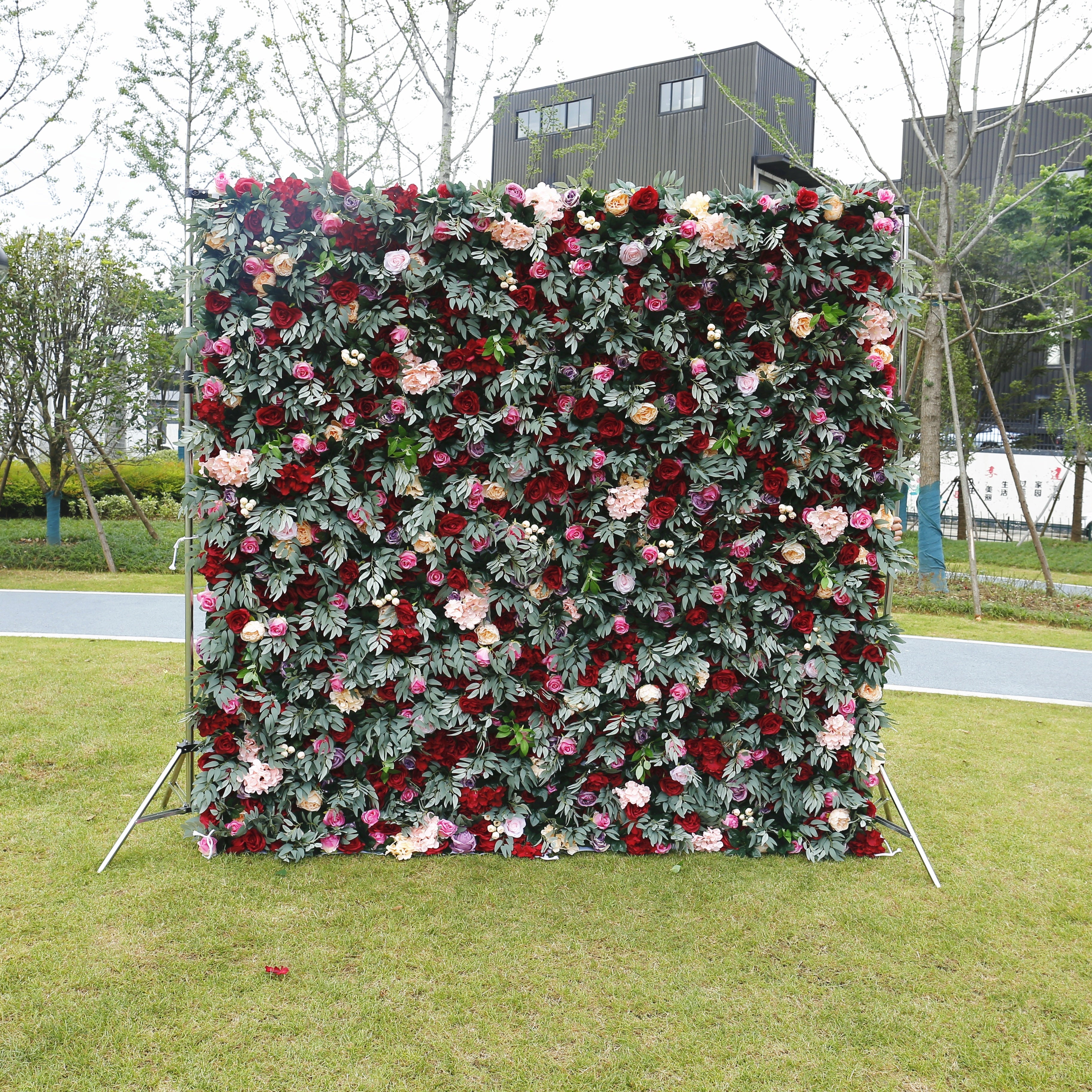 Red Rose with Greenery Wedding Fabric Roll Up Curtain Flower Wall ACFW-043