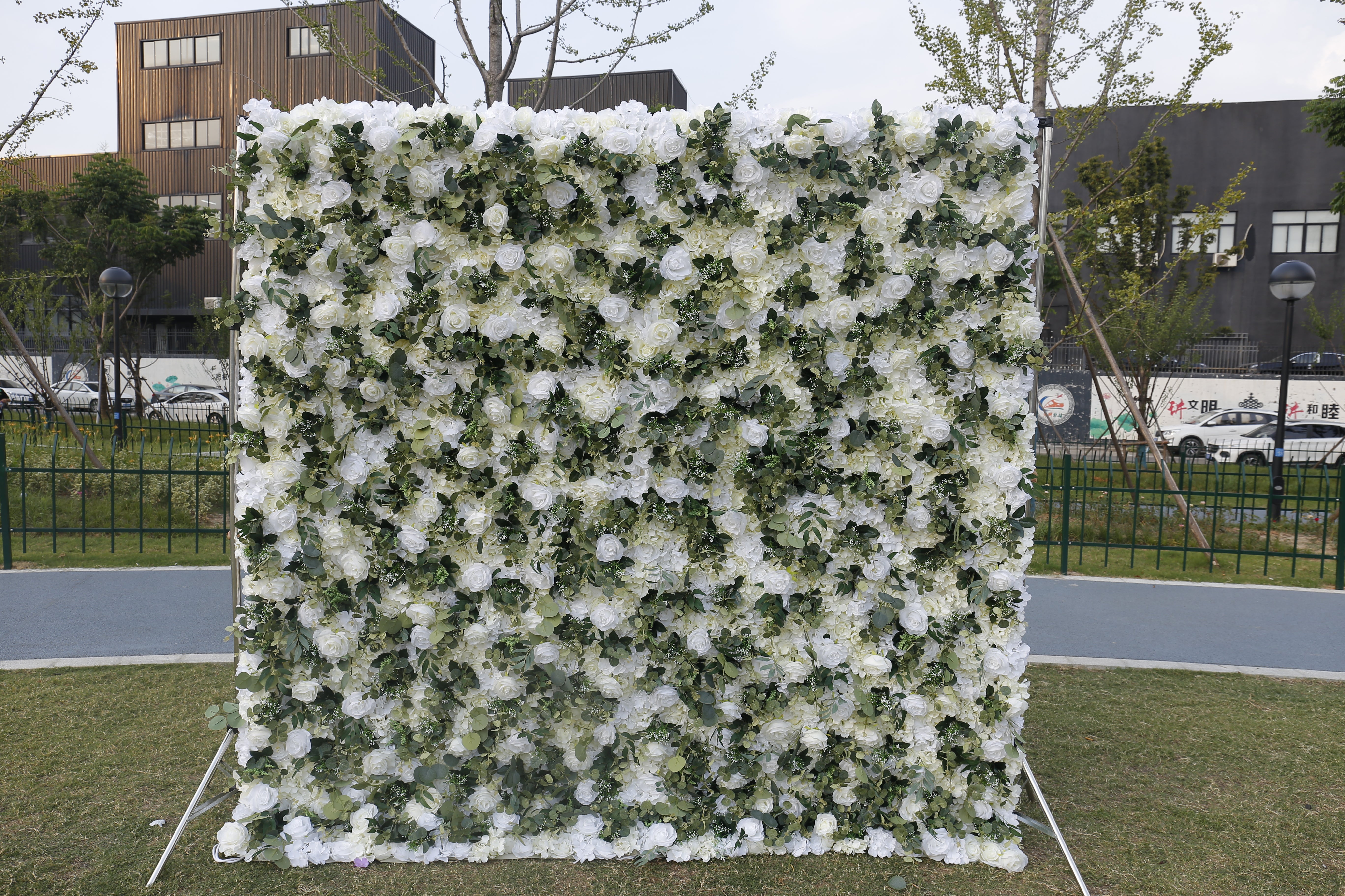 3D Green Leaves White Floral Fabric Artificial Wedding Flower Wall ACFW-049
