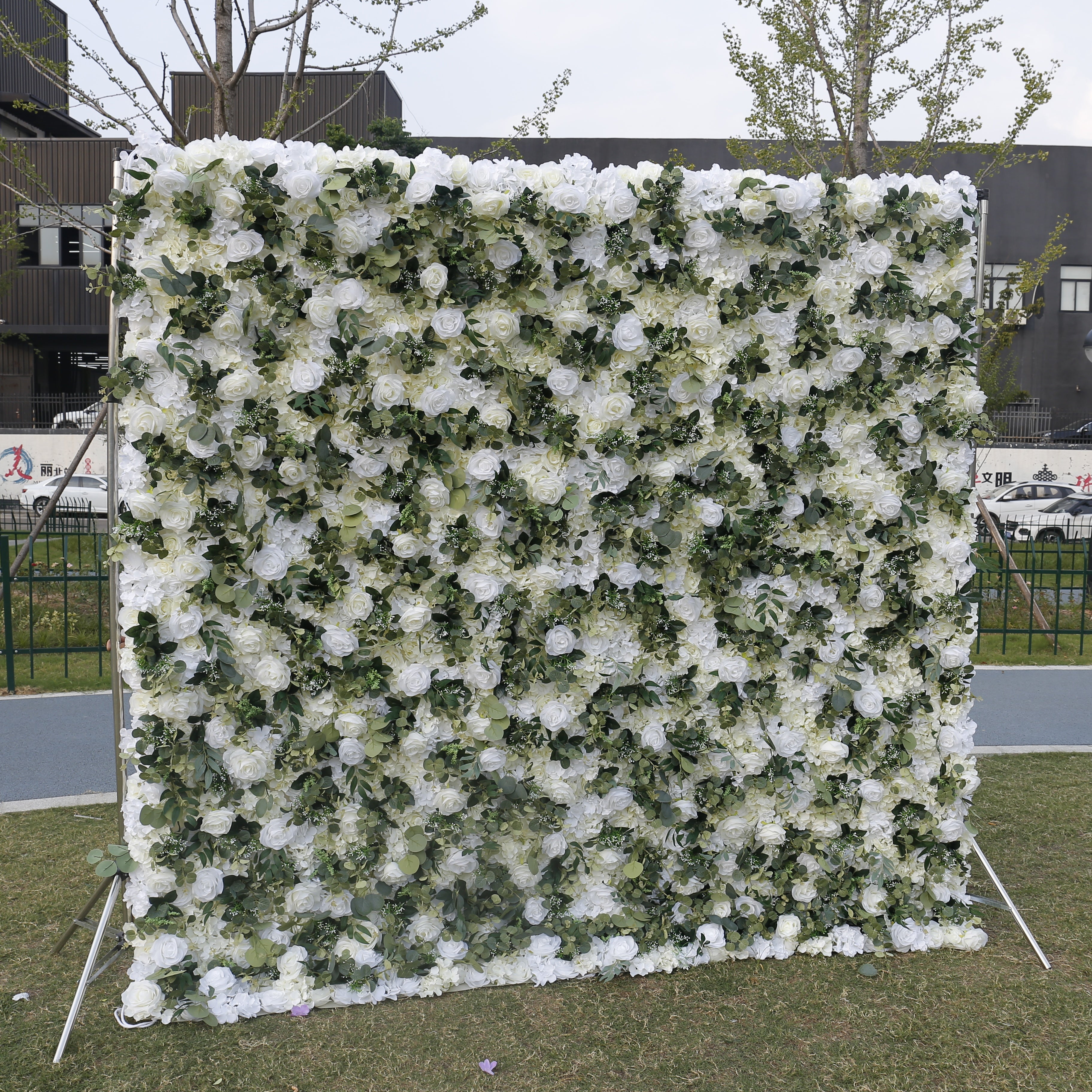 3D Green Leaves White Floral Fabric Artificial Wedding Flower Wall ACFW-049