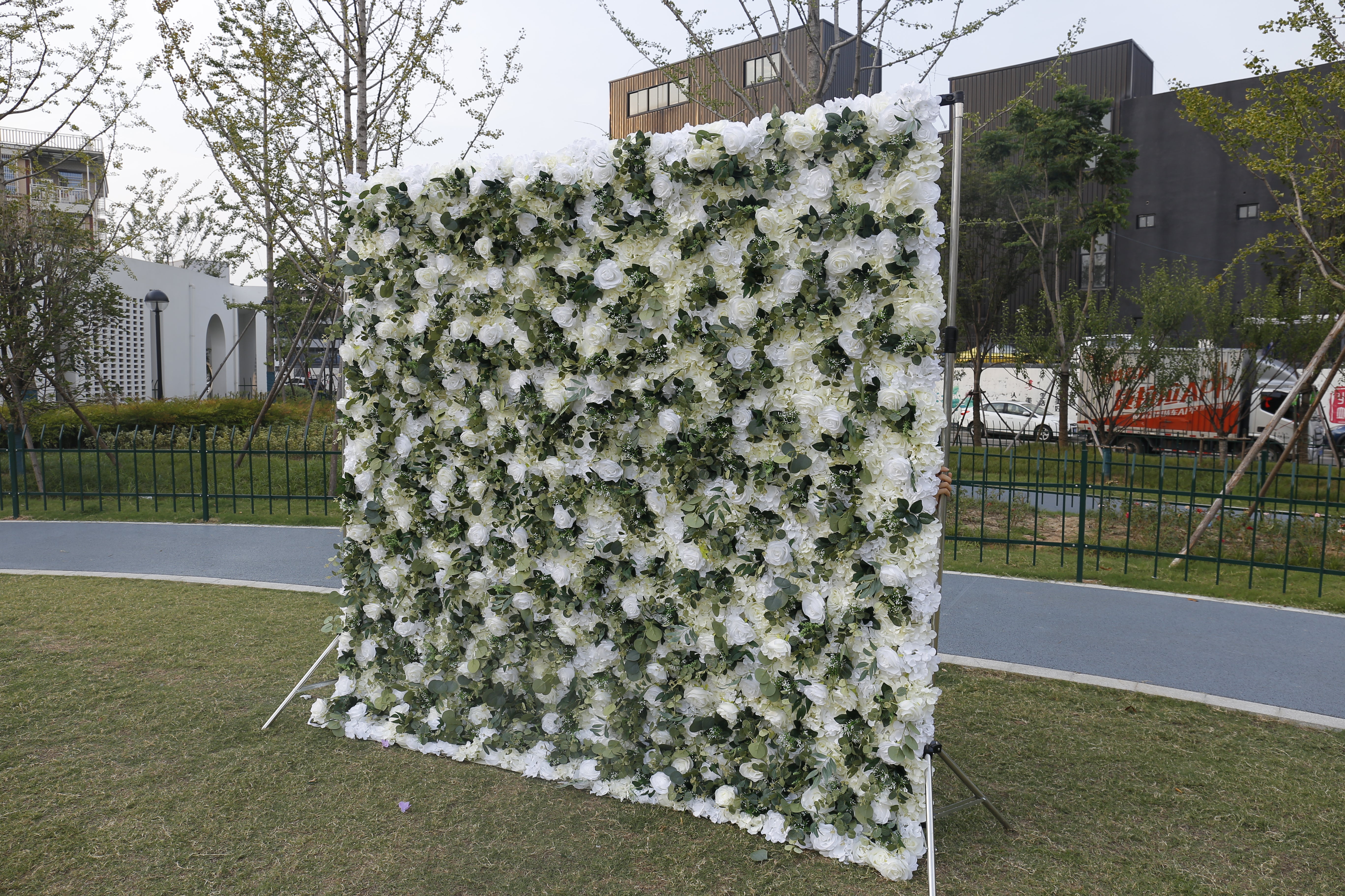 3D Green Leaves White Floral Fabric Artificial Wedding Flower Wall ACFW-049