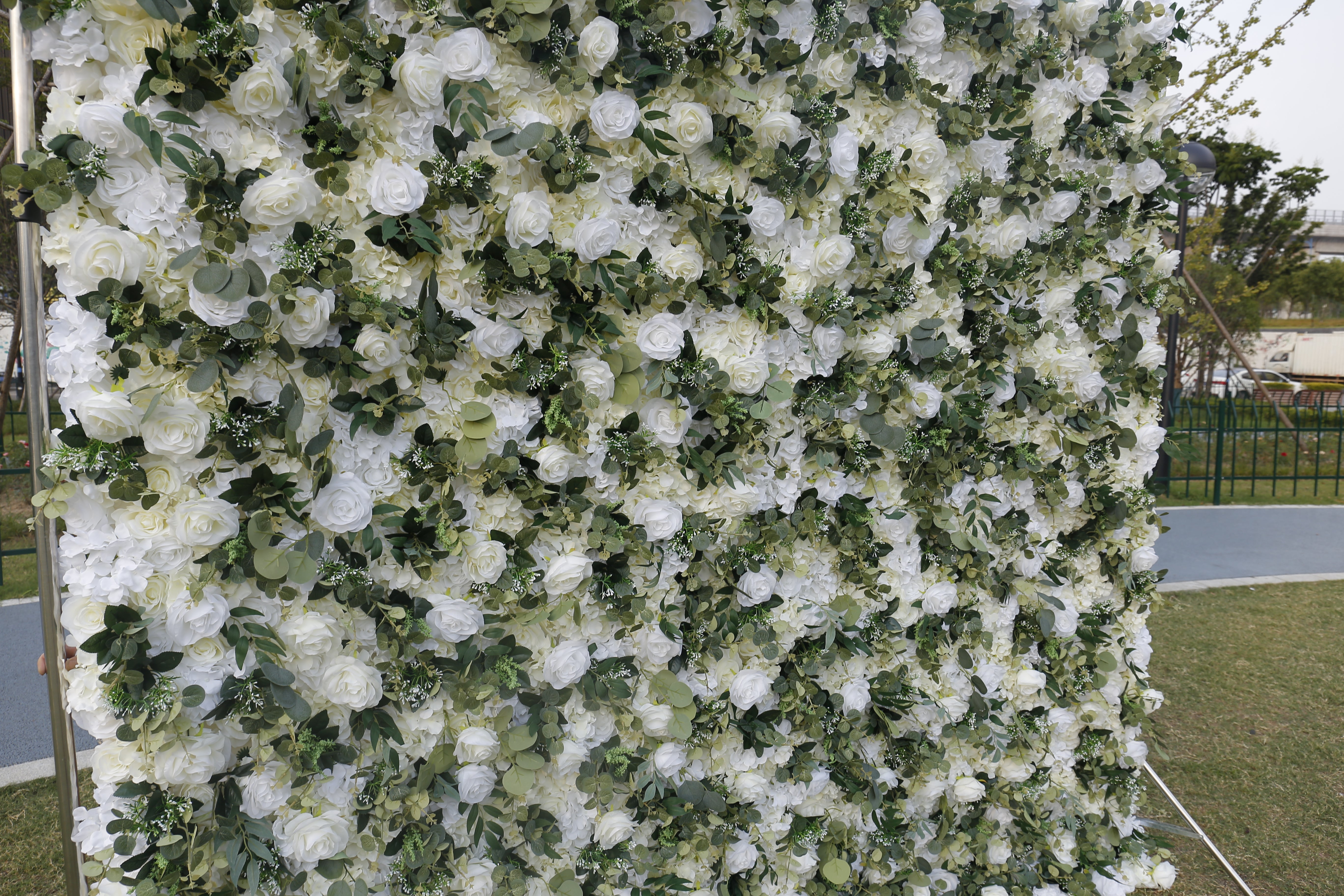 3D Green Leaves White Floral Fabric Artificial Wedding Flower Wall ACFW-049