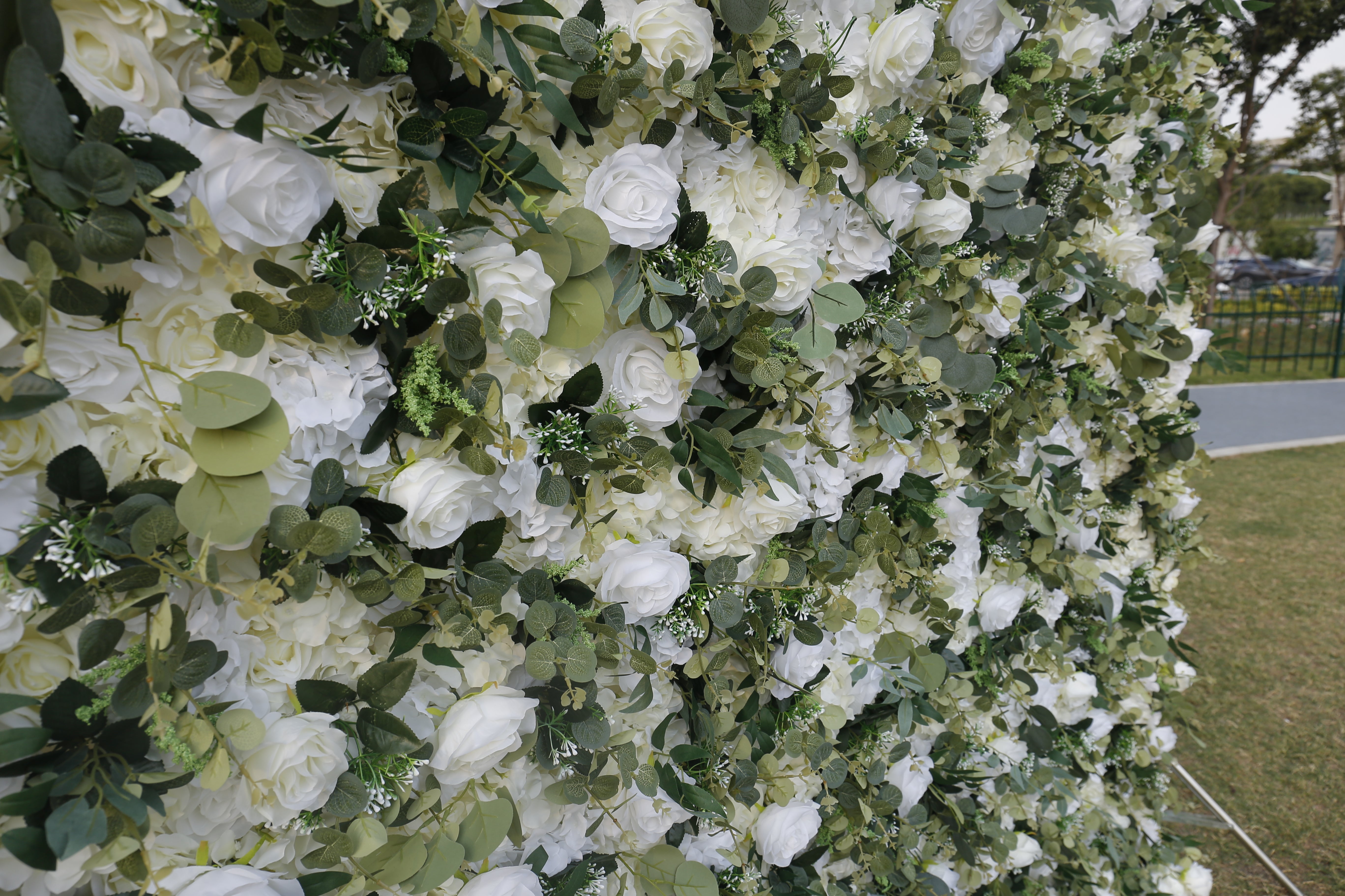 3D Green Leaves White Floral Fabric Artificial Wedding Flower Wall ACFW-049
