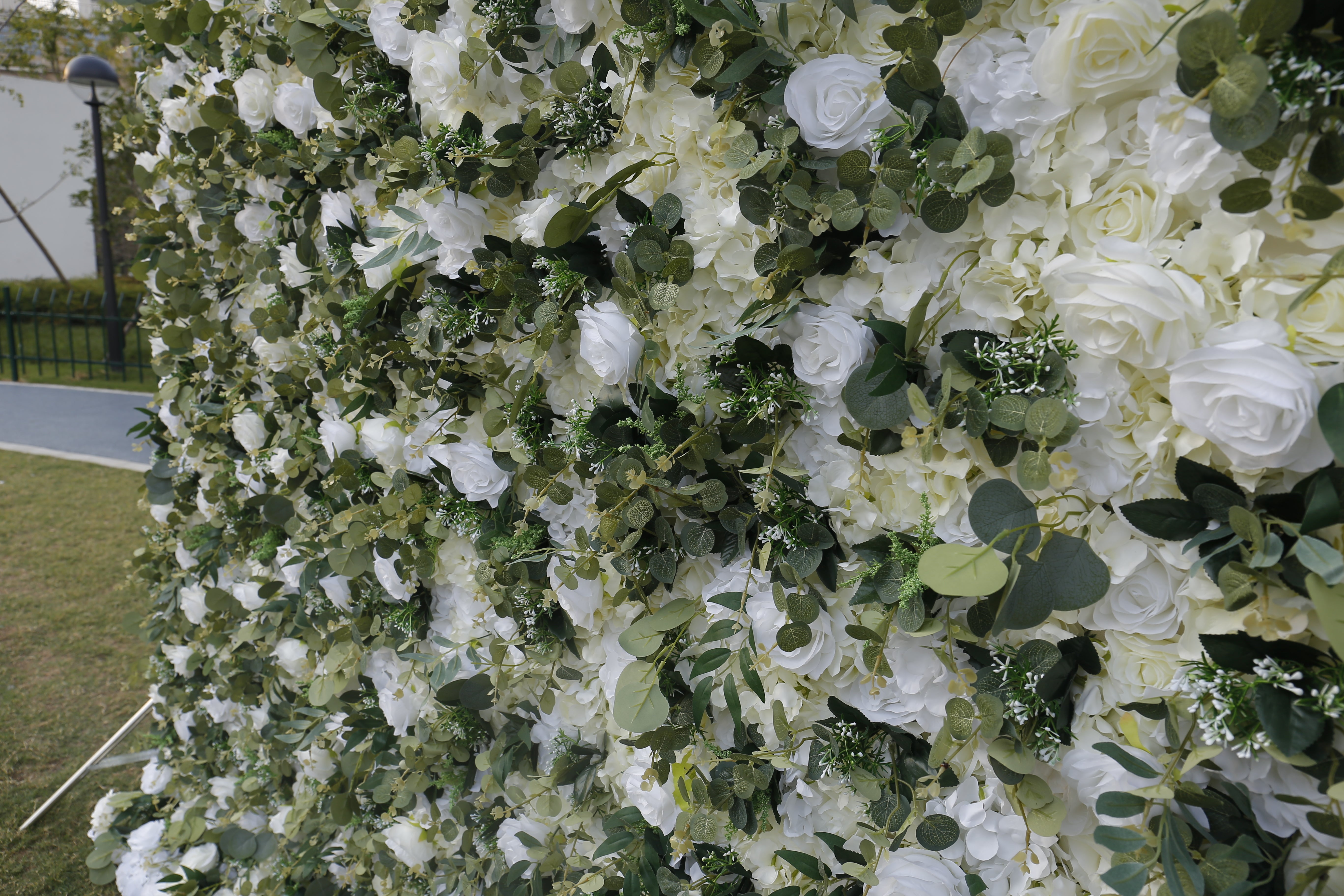 3D Green Leaves White Floral Fabric Artificial Wedding Flower Wall ACFW-049