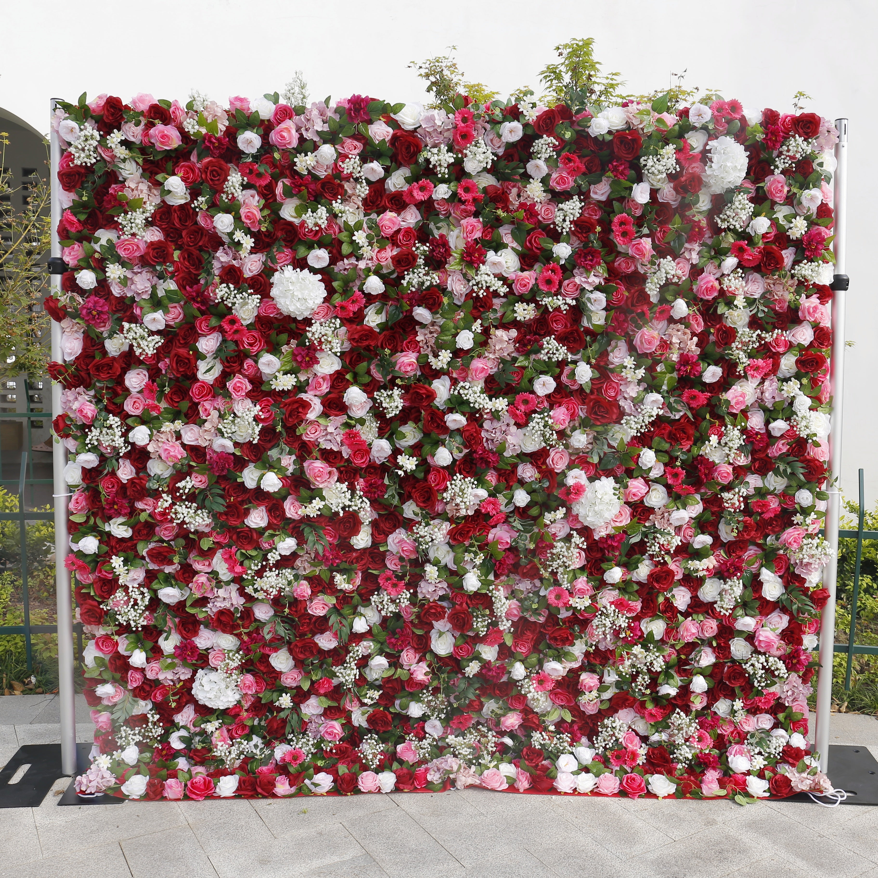 5D Red Pink Rose Baby Breath Roll Up Cloth Faux Flower Wall ACFW-059