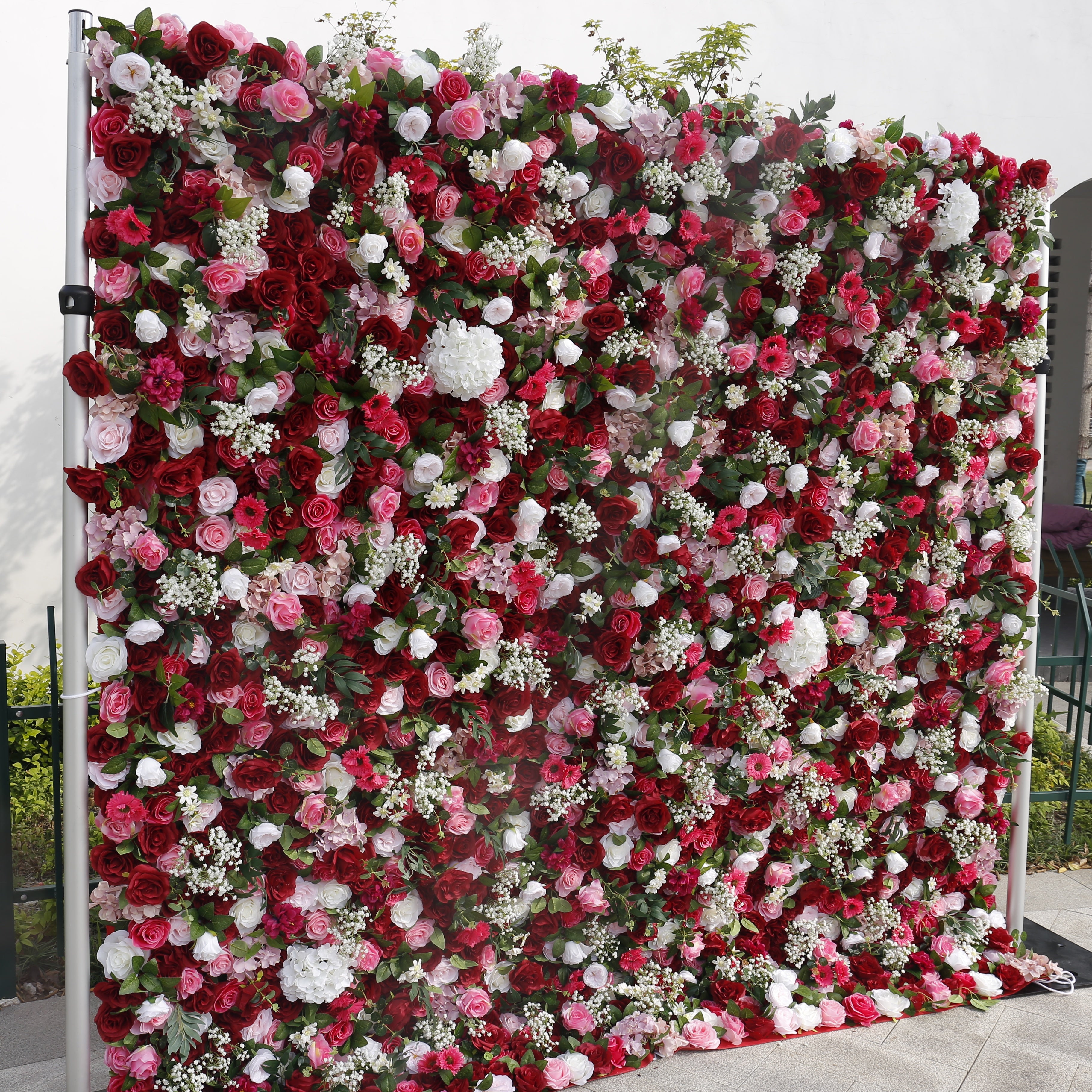 5D Red Pink Rose Baby Breath Roll Up Cloth Faux Flower Wall ACFW-059