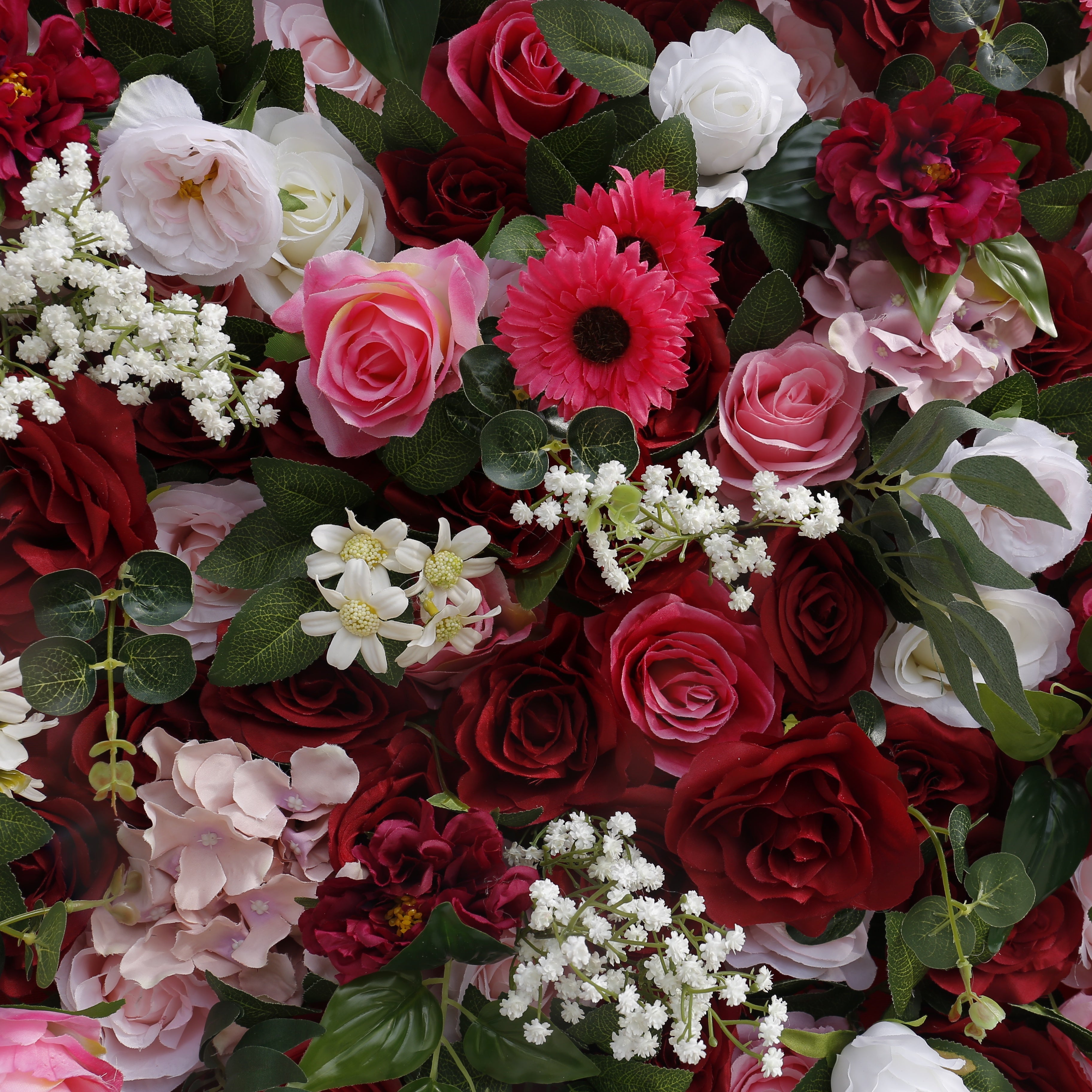 5D Red Pink Rose Baby Breath Roll Up Cloth Faux Flower Wall ACFW-059