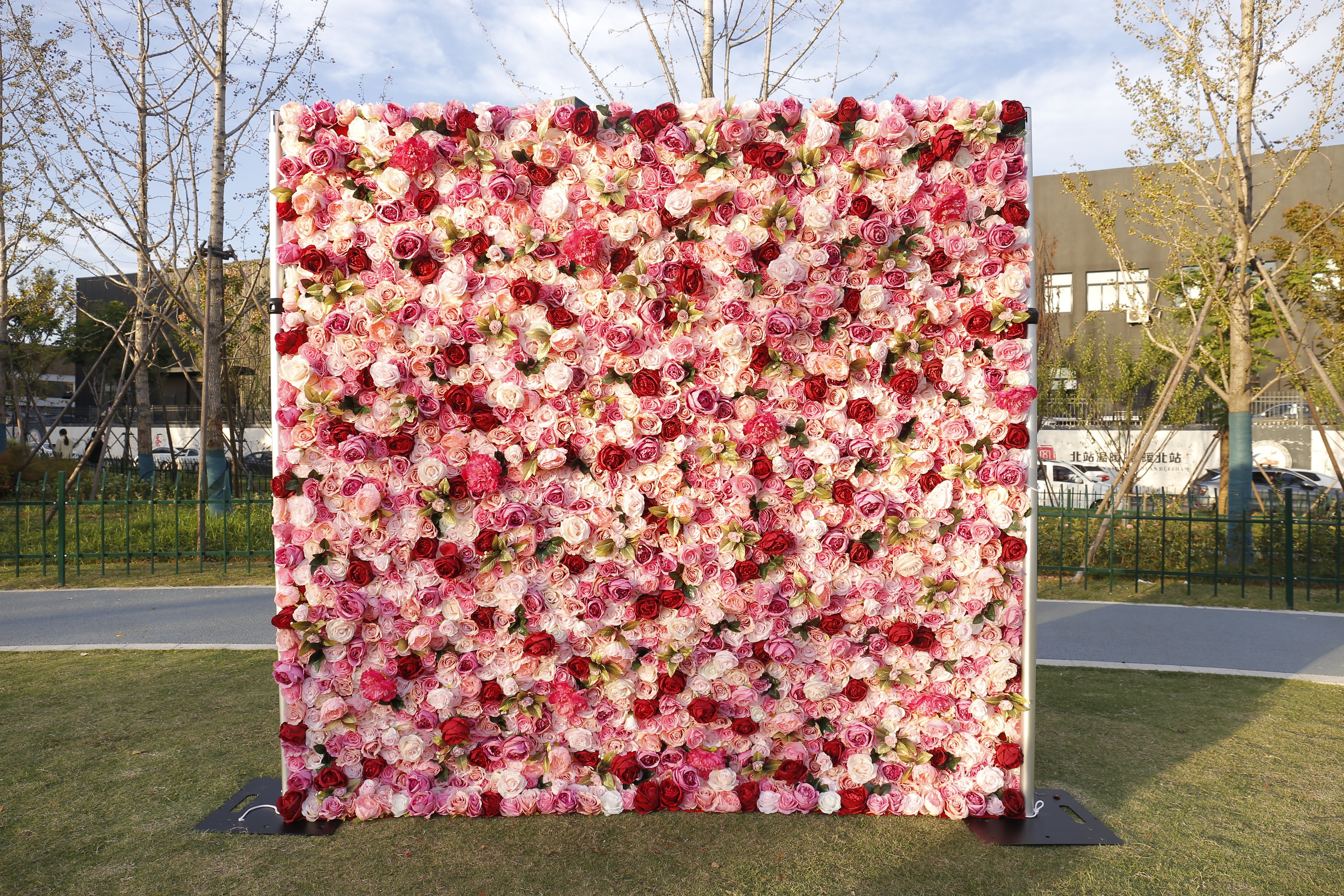 Pink Red Roses Simulated 5D Cloth Roll Up Wedding Flower Wall ACFW-068