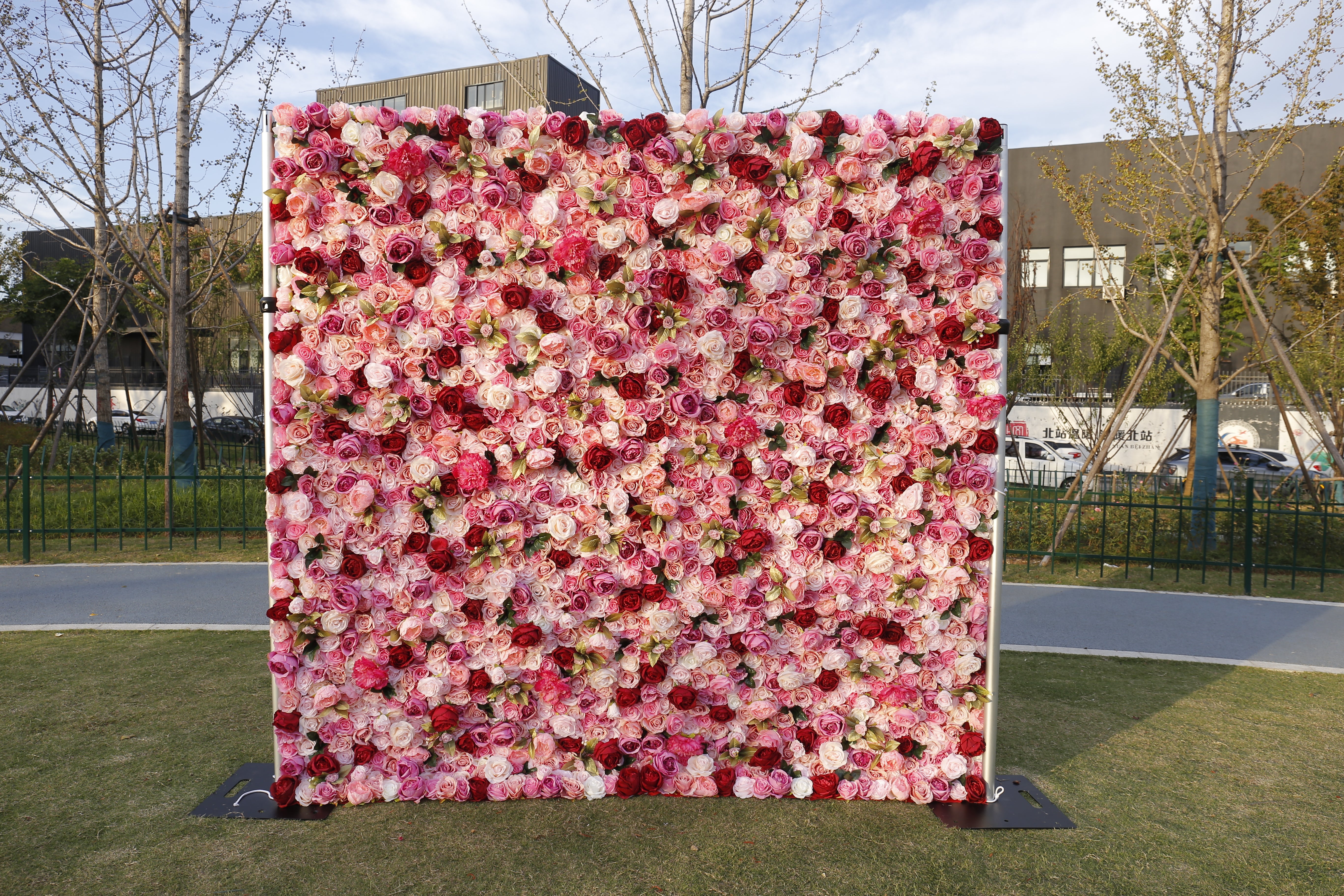 Pink Red Roses Simulated 5D Cloth Roll Up Wedding Flower Wall ACFW-068